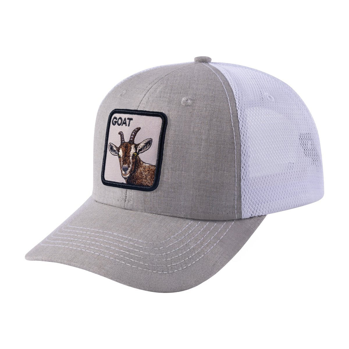 Unisex Embroidered The Goat, 6-Panel Trucker Hat, Khaki/White, Adjustable Fit