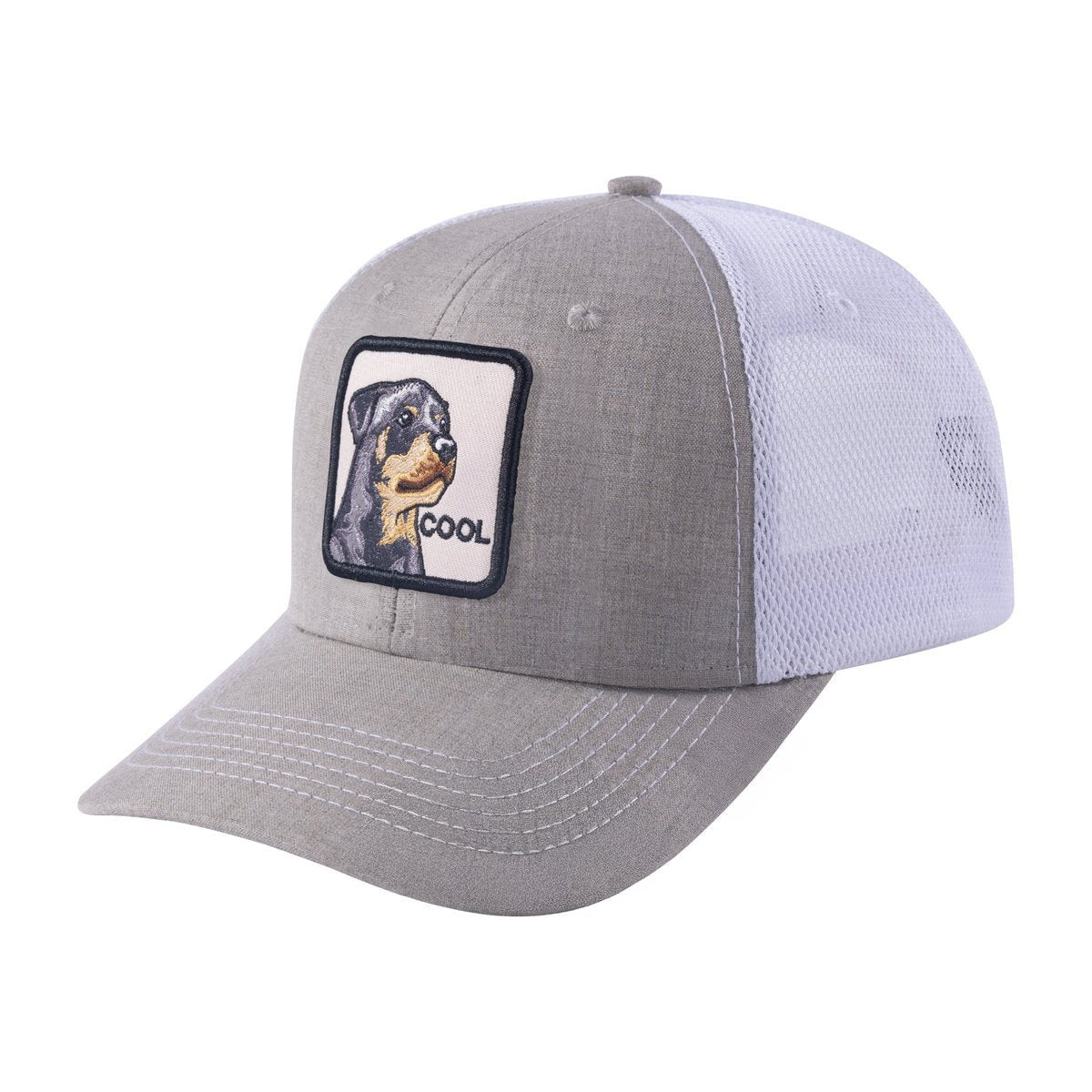 Unisex Embroidered The Cool Dog, 6-Panel Trucker Hat, Khaki/White, Adjustable Fit