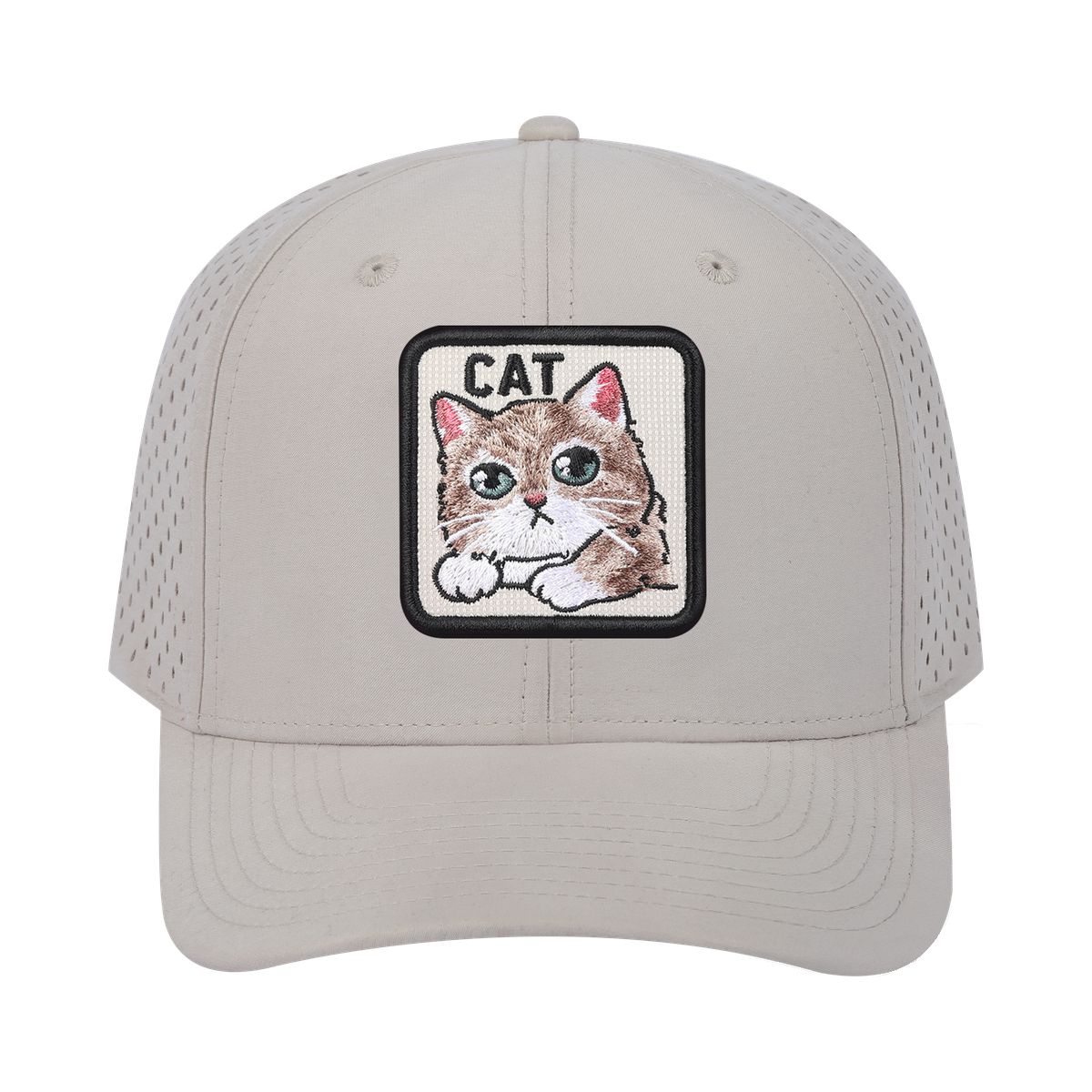 Unisex Embroidered The Cat, 6-Panel Microfiber Laser hole Trucker Hat, Beige/Beige, Adjustable Fit
