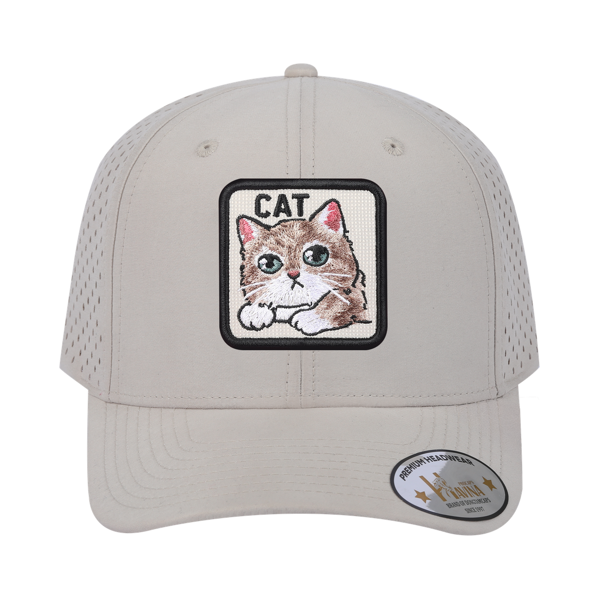Unisex Embroidered The Cat, 6-Panel Microfiber Laser hole Trucker Hat, Beige/Beige, Adjustable Fit
