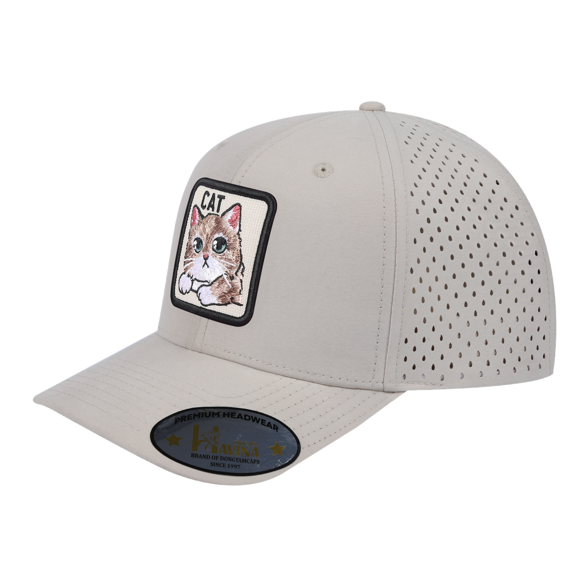 Unisex Embroidered The Cat, 6-Panel Microfiber Laser hole Trucker Hat, Beige/Beige, Adjustable Fit