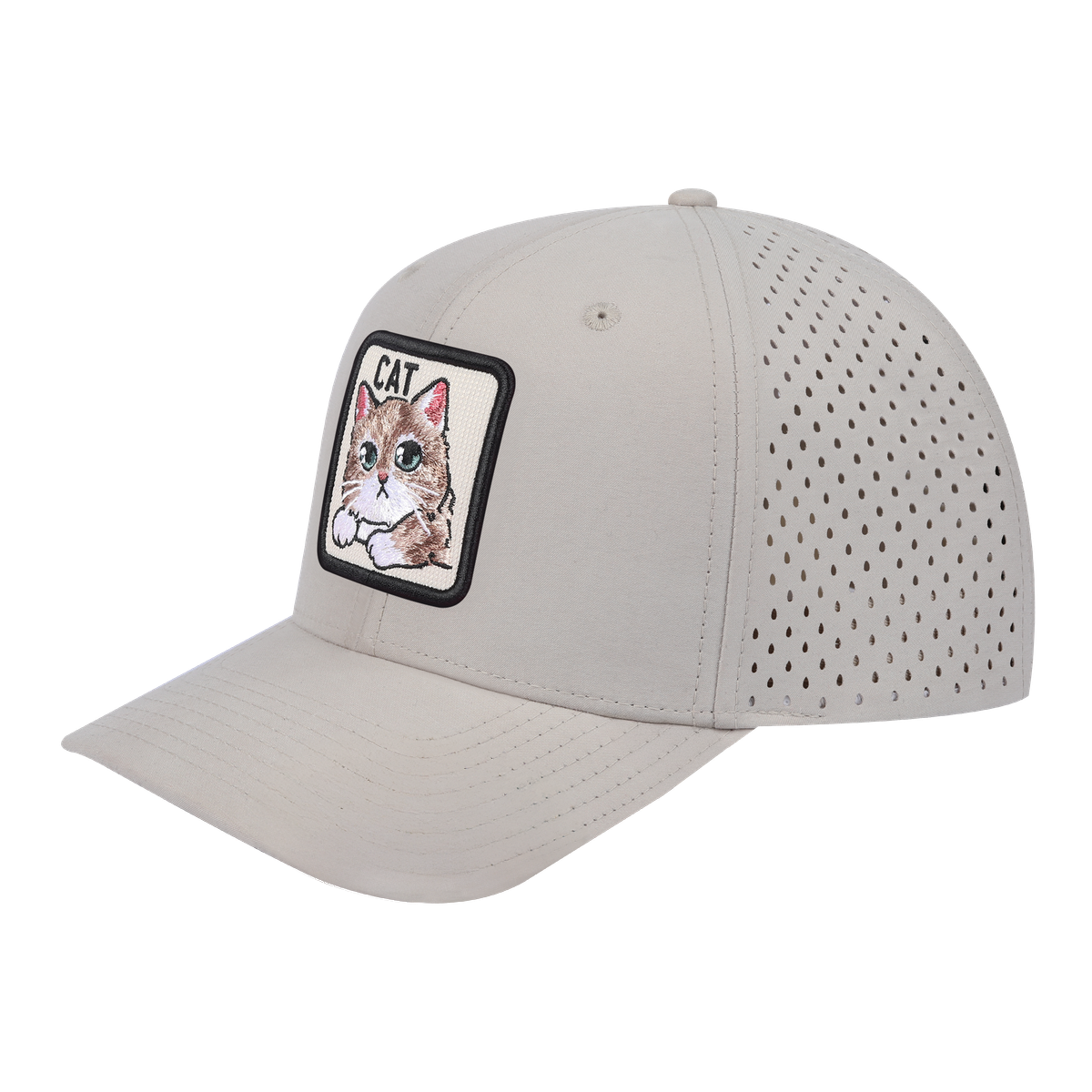 Unisex Embroidered The Cat, 6-Panel Microfiber Laser hole Trucker Hat, Beige/Beige, Adjustable Fit