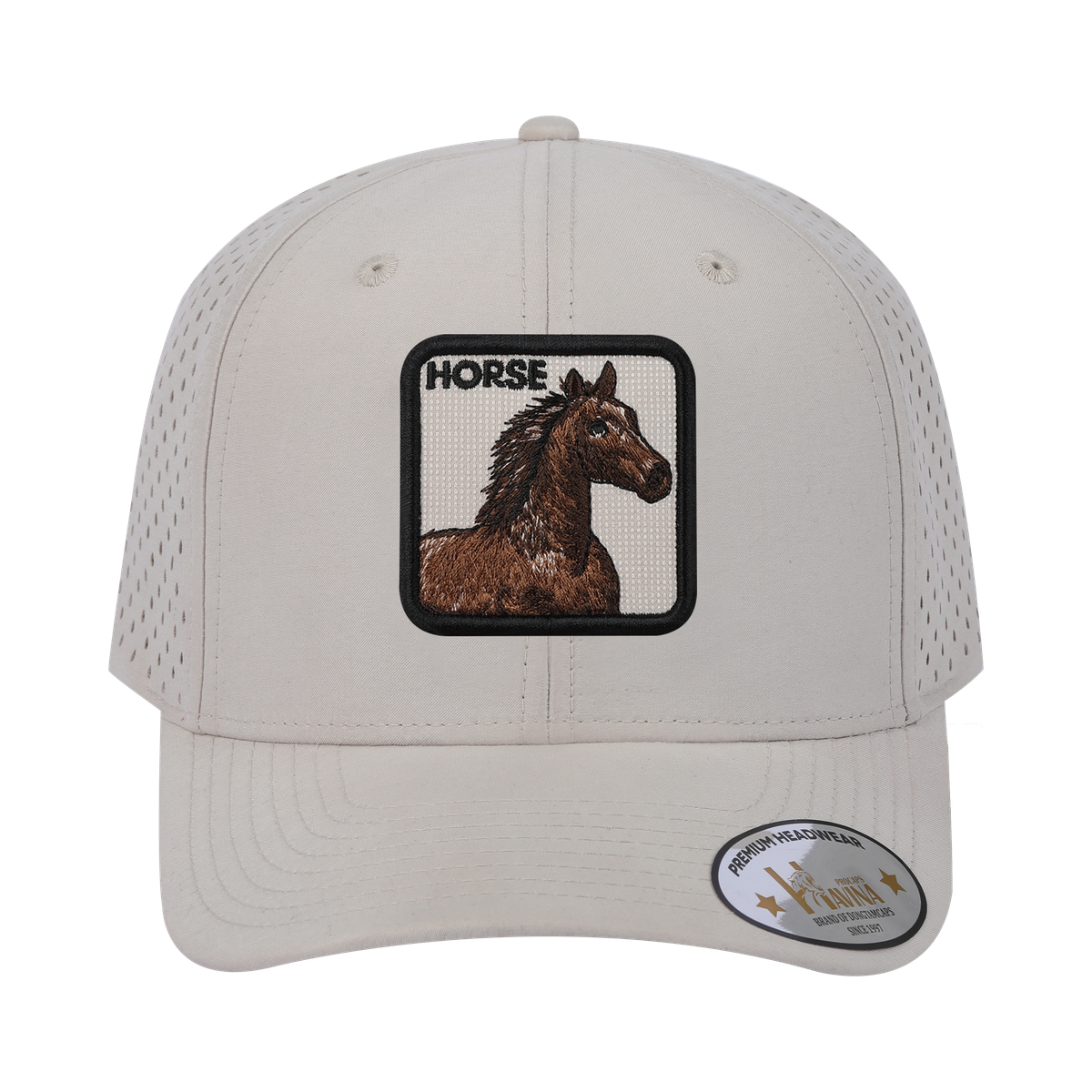 Unisex Embroidered The Horse, 6-Panel Microfiber Laser hole Trucker Hat, Beige/Beige, Adjustable Fit