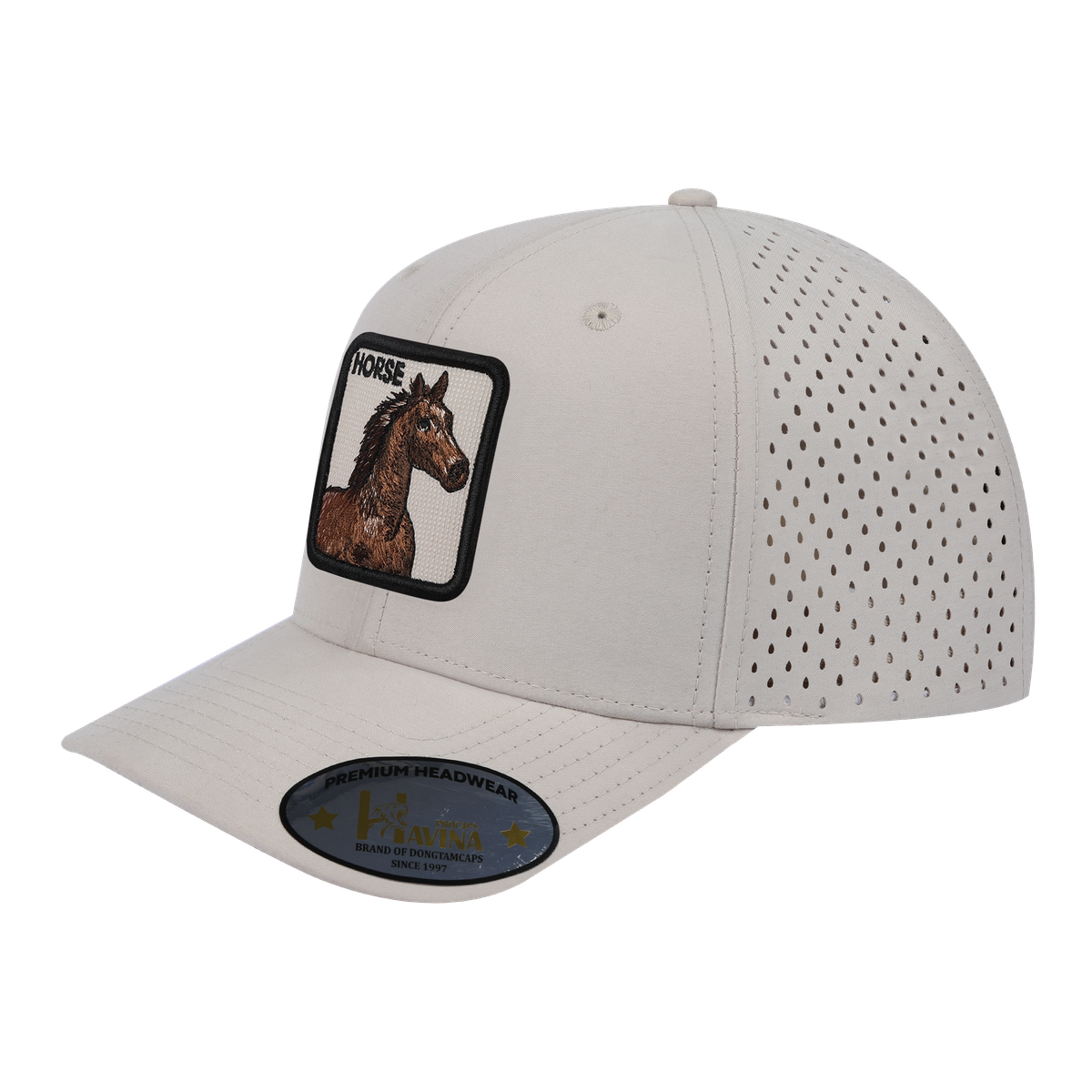 Unisex Embroidered The Horse, 6-Panel Microfiber Laser hole Trucker Hat, Beige/Beige, Adjustable Fit