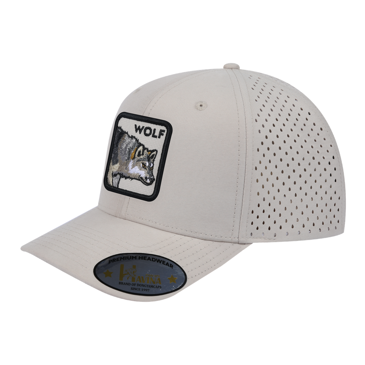 Unisex Embroidered The Wolf, 6-Panel Microfiber Laser hole Trucker Hat, Beige/Beige, Adjustable Fit
