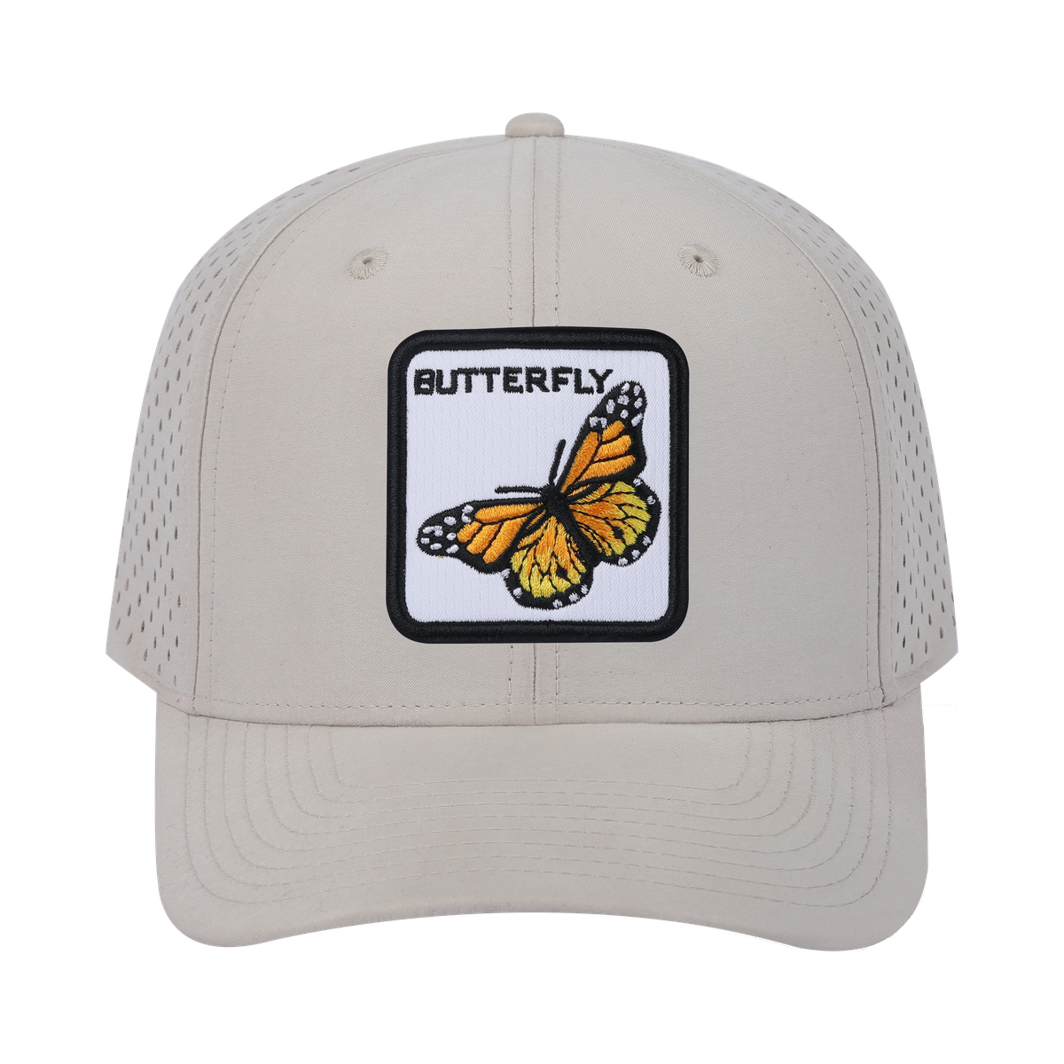 Unisex Embroidered The Butterfly, 6-Panel Microfiber Laser hole Trucker Hat, Beige/Beige, Adjustable Fit