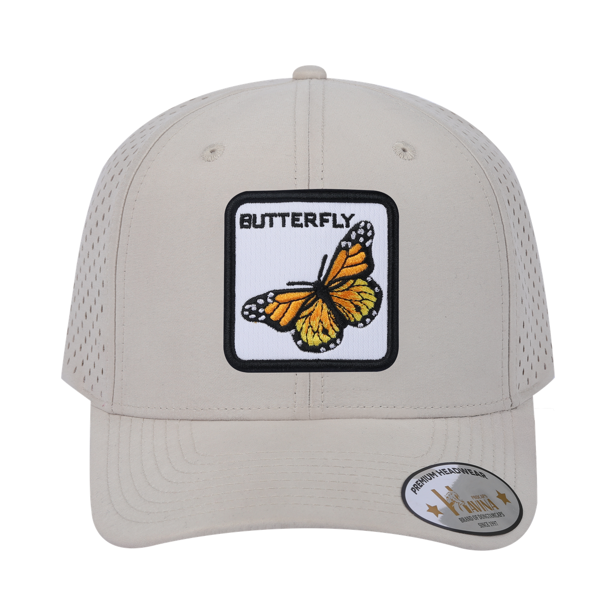 Unisex Embroidered The Butterfly, 6-Panel Microfiber Laser hole Trucker Hat, Beige/Beige, Adjustable Fit