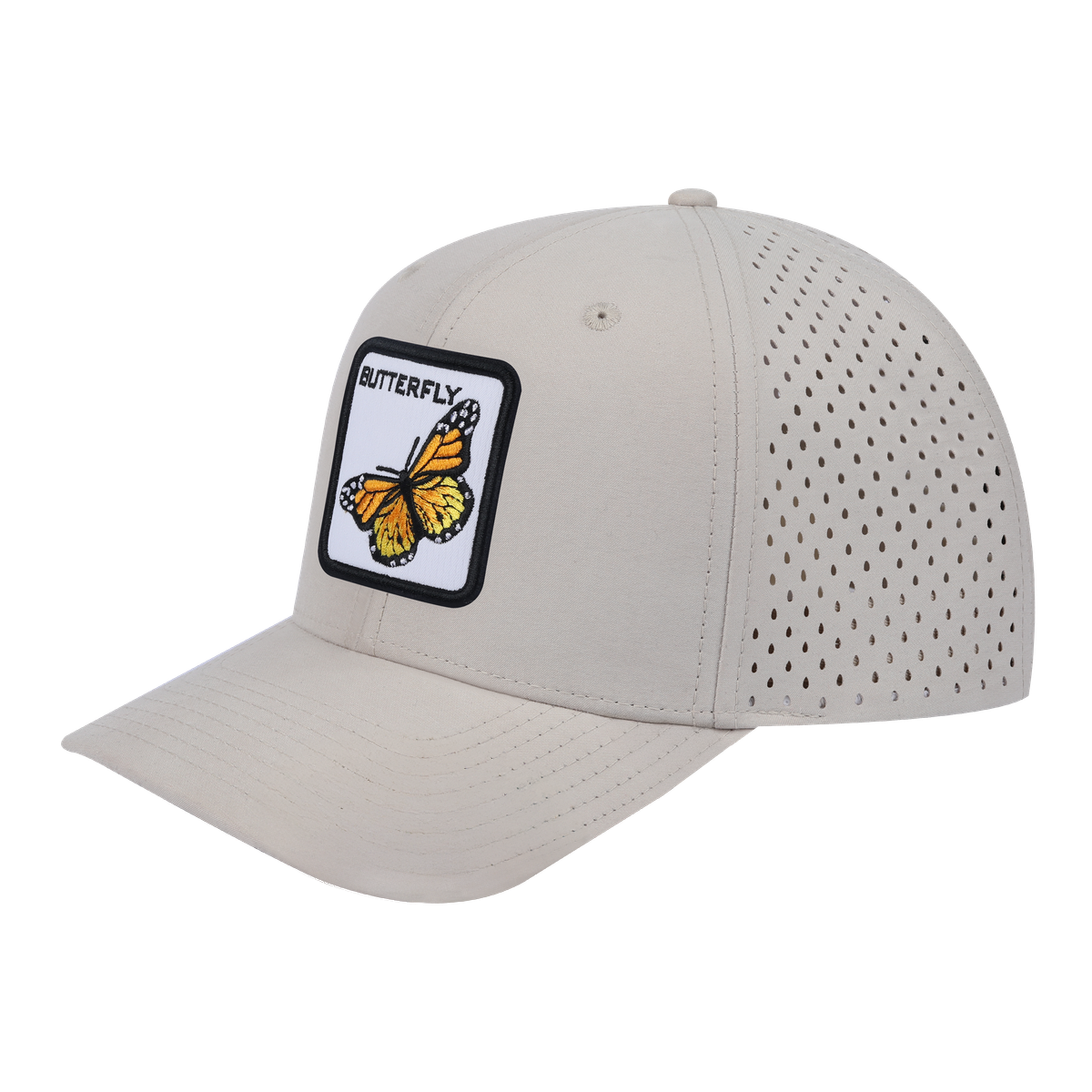 Unisex Embroidered The Butterfly, 6-Panel Microfiber Laser hole Trucker Hat, Beige/Beige, Adjustable Fit