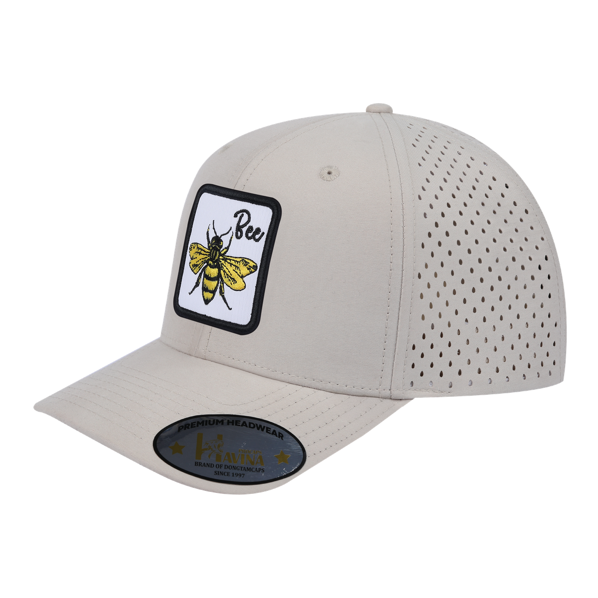 Unisex Embroidered The Bee, 6-Panel Microfiber Laser hole Trucker Hat, Beige/Beige, Adjustable Fit