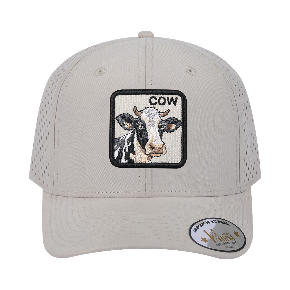 Unisex Embroidered The Cow, 6-Panel Microfiber Laser hole Trucker Hat, Beige/Beige, Adjustable Fit