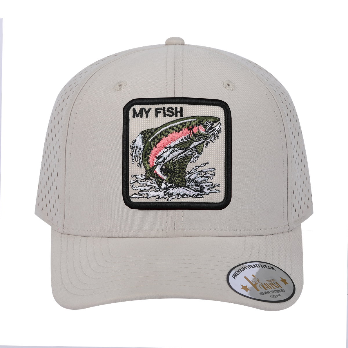Unisex Embroidered The My Fish, 6-Panel Microfiber Laser hole Trucker Hat, Beige/Beige, Adjustable Fit