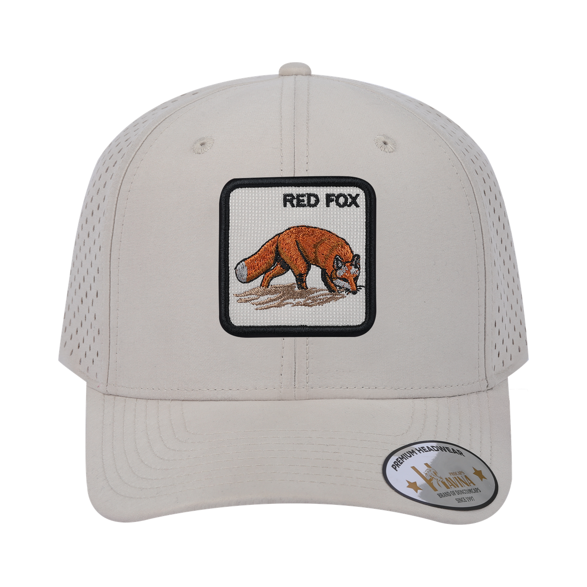 Unisex Embroidered The Red Fox, 6-Panel Microfiber Laser hole Trucker Hat, Beige/Beige, Adjustable Fit