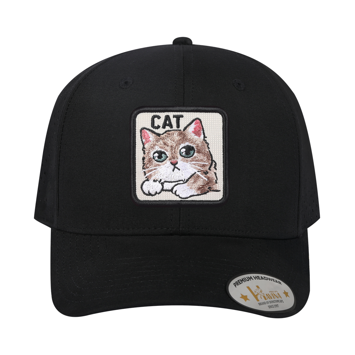 Unisex Embroidered The Cat, 6-Panel Microfiber Laser hole Trucker Hat, Black/Black, Adjustable Fit