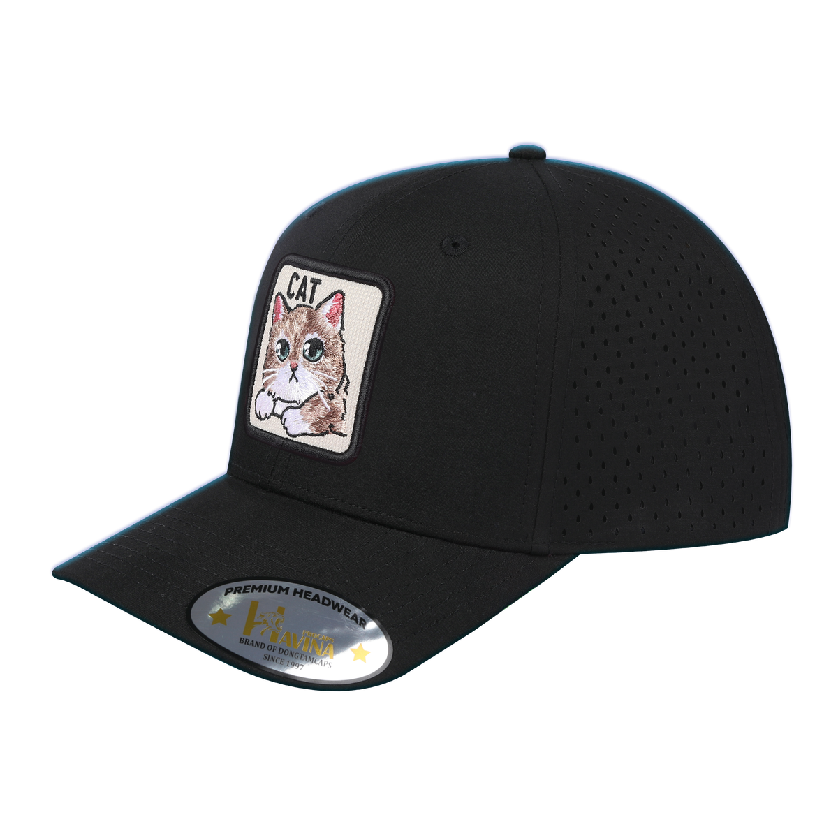 Unisex Embroidered The Cat, 6-Panel Microfiber Laser hole Trucker Hat, Black/Black, Adjustable Fit