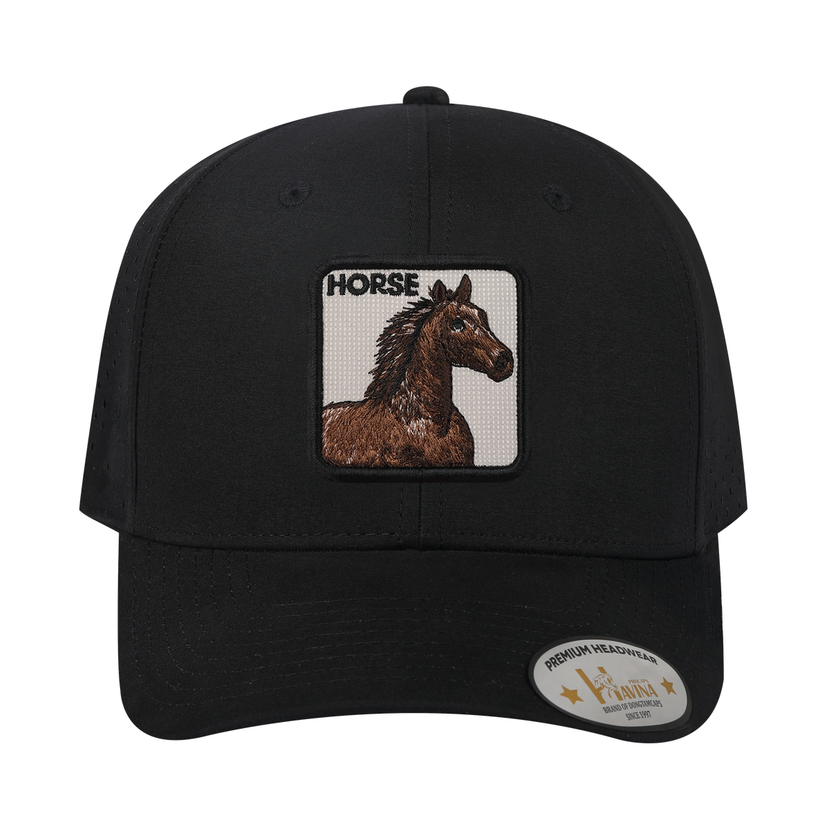Unisex Embroidered The Horse, 6-Panel Microfiber Laser hole Trucker Hat, Black/Black, Adjustable Fit