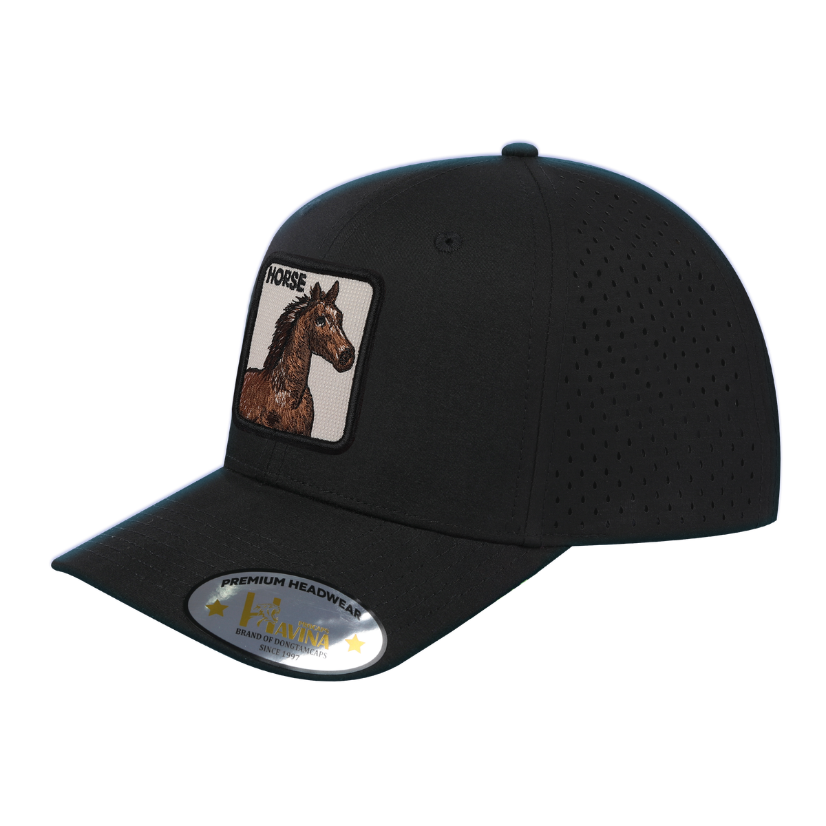 Unisex Embroidered The Horse, 6-Panel Microfiber Laser hole Trucker Hat, Black/Black, Adjustable Fit