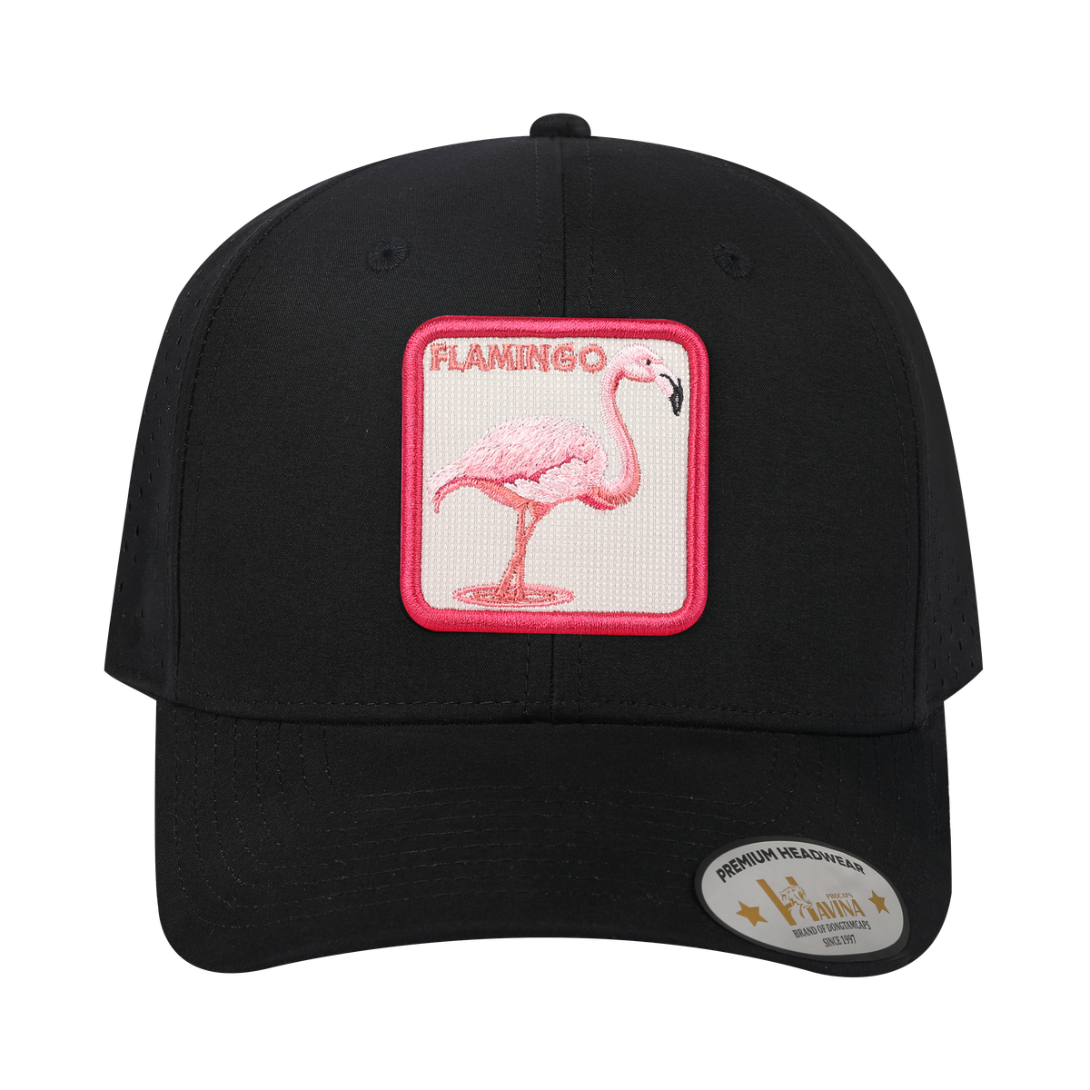 Unisex Embroidered The Flamingo, 6-Panel Microfiber Laser hole Trucker Hat, Black/Black, Adjustable Fit