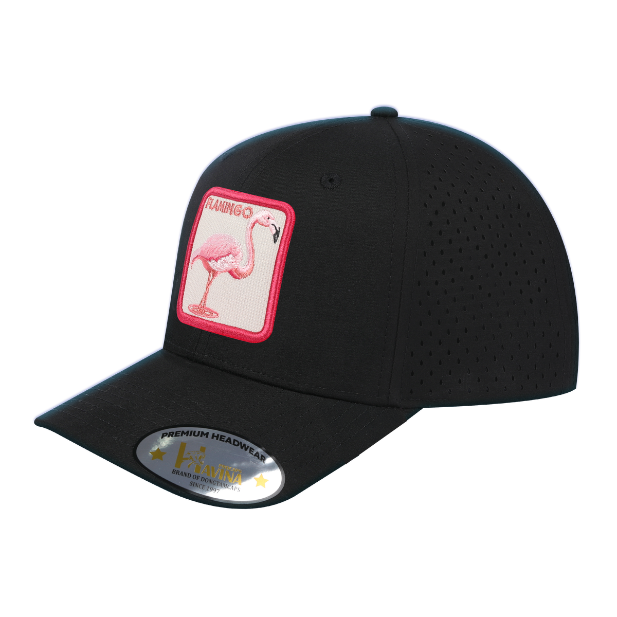 Unisex Embroidered The Flamingo, 6-Panel Microfiber Laser hole Trucker Hat, Black/Black, Adjustable Fit