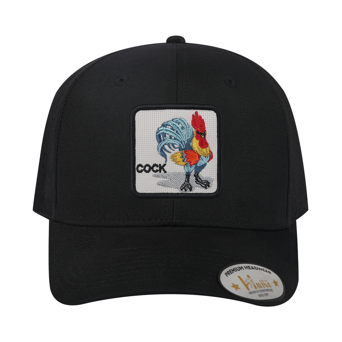 Unisex Embroidered Logo Cock, 6-Panel Microfiber Laser hole Trucker Hat, Black/Black, Adjustable Fit