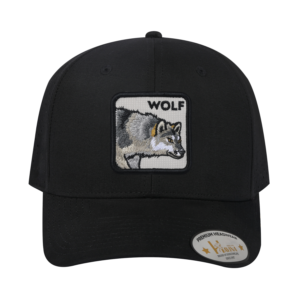 Unisex Embroidered The Wolf, 6-Panel Microfiber Laser hole Trucker Hat, Black/Black, Adjustable Fit