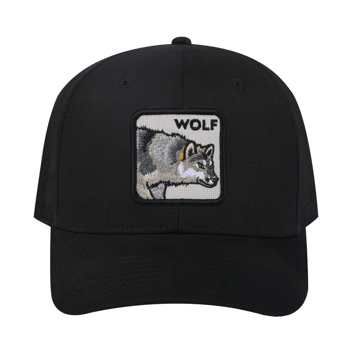 Unisex Embroidered The Wolf, 6-Panel Microfiber Laser hole Trucker Hat, Black/Black, Adjustable Fit