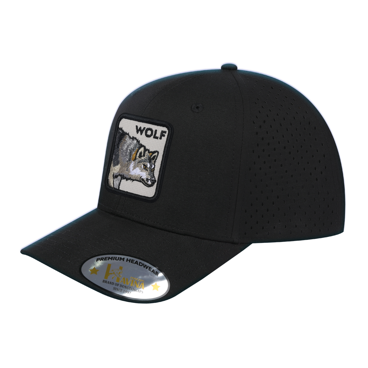 Unisex Embroidered The Wolf, 6-Panel Microfiber Laser hole Trucker Hat, Black/Black, Adjustable Fit