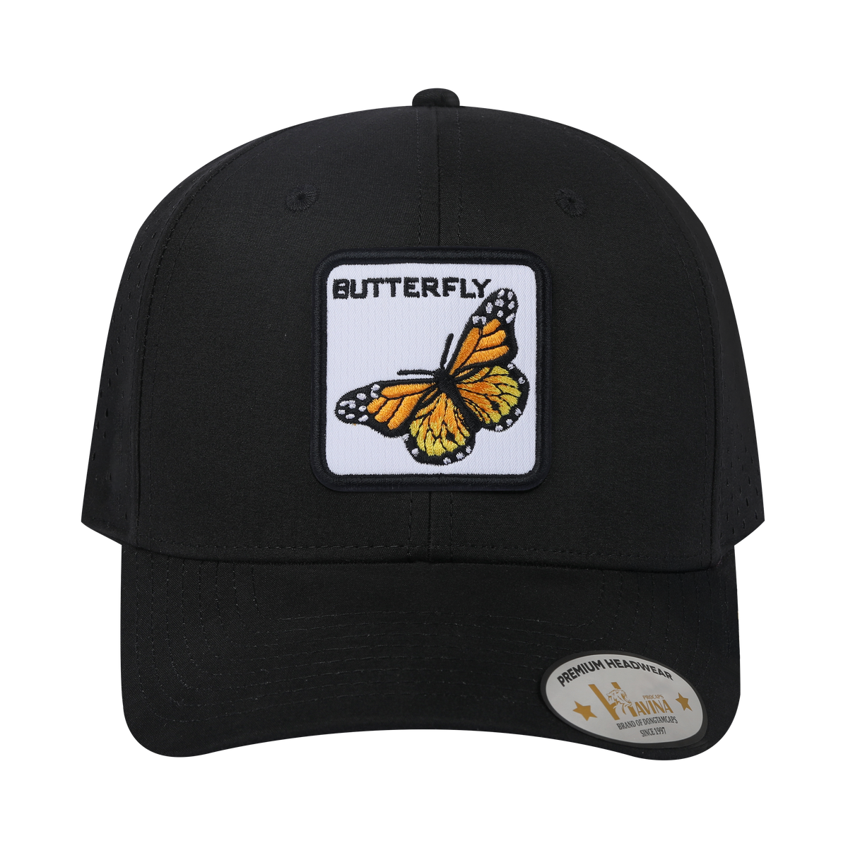 Unisex Embroidered The Butterfly, 6-Panel Microfiber Laser hole Trucker Hat, Black/Black, Adjustable Fit