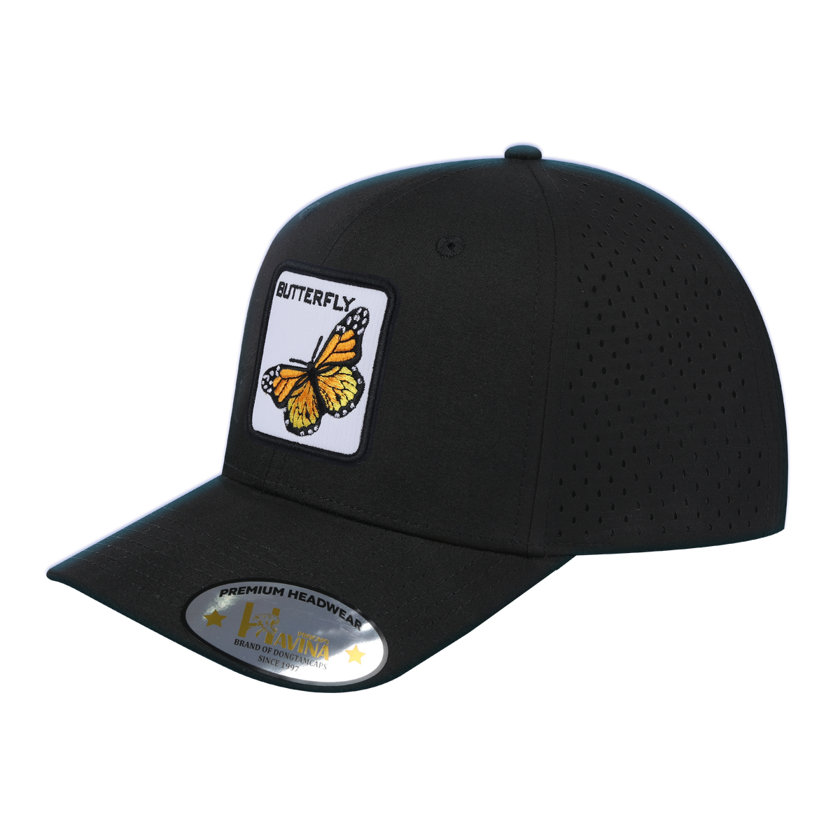 Unisex Embroidered The Butterfly, 6-Panel Microfiber Laser hole Trucker Hat, Black/Black, Adjustable Fit