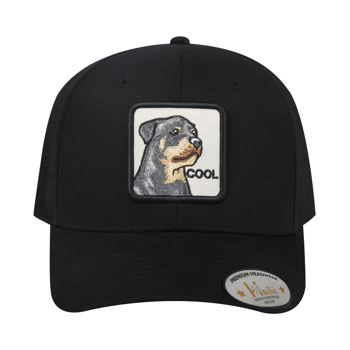 Unisex Embroidered The Cool Dog, 6-Panel Microfiber Laser hole Trucker Hat, Black/Black, Adjustable Fit
