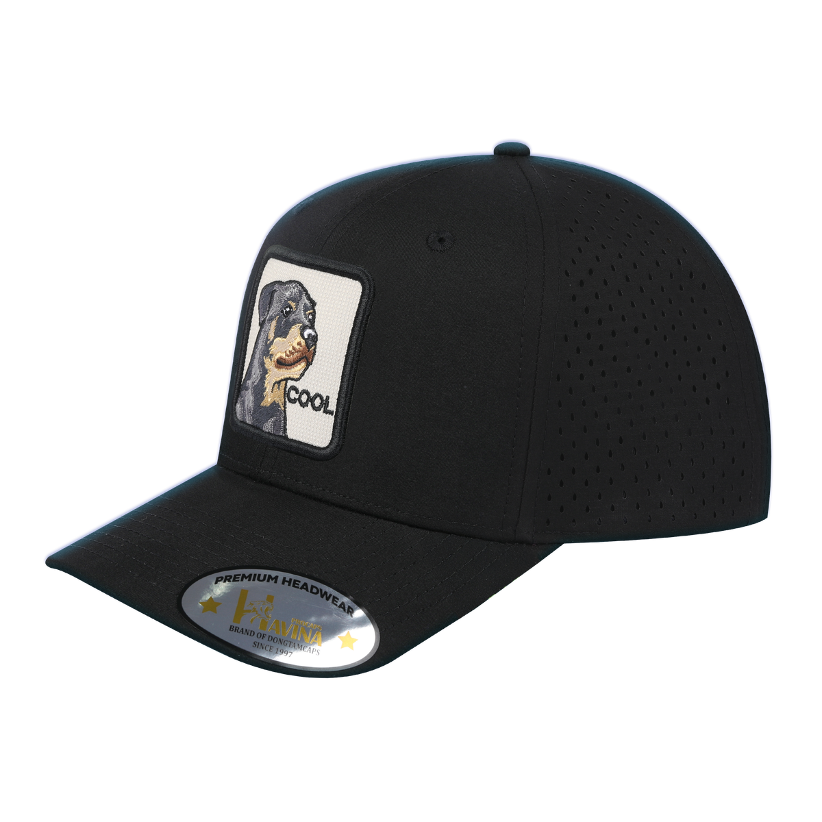 Unisex Embroidered The Cool Dog, 6-Panel Microfiber Laser hole Trucker Hat, Black/Black, Adjustable Fit