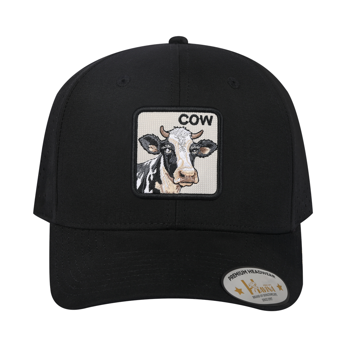 Unisex Embroidered The Cow, 6-Panel Microfiber Laser hole Trucker Hat, Black/Black, Adjustable Fit