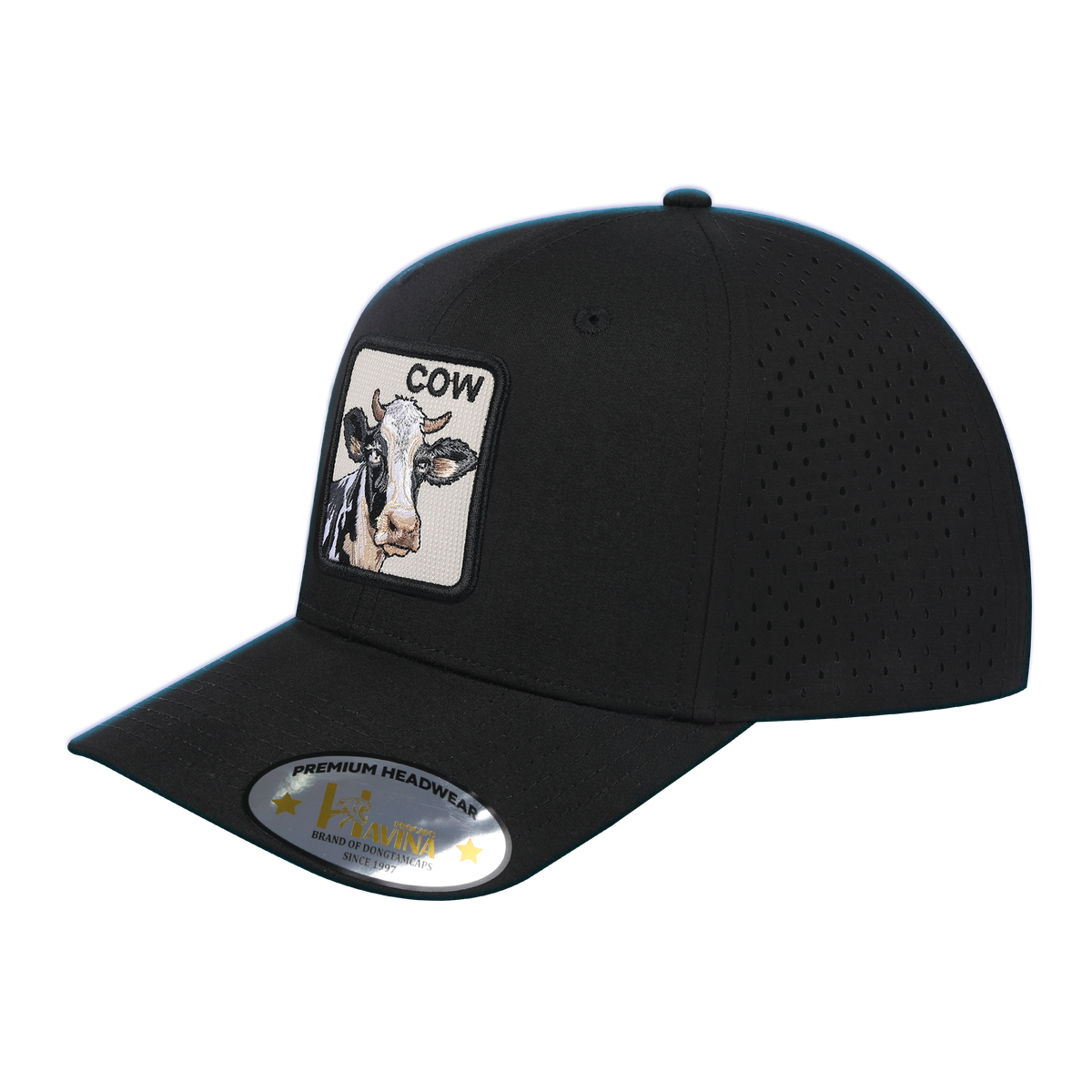Unisex Embroidered The Cow, 6-Panel Microfiber Laser hole Trucker Hat, Black/Black, Adjustable Fit