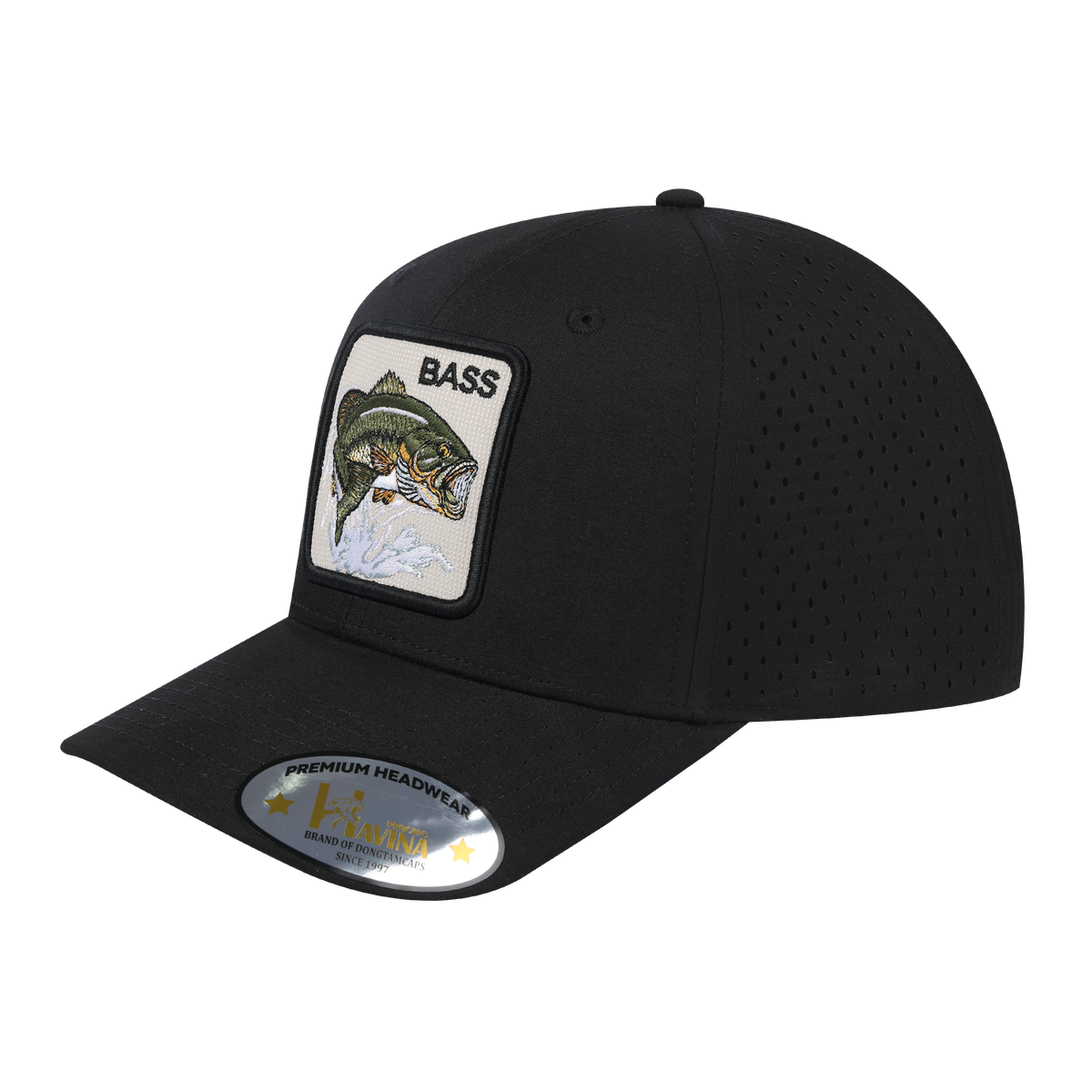 Unisex Embroidered The Bass, 6-Panel Microfiber Laser hole Trucker Hat, Black/Black, Adjustable Fit