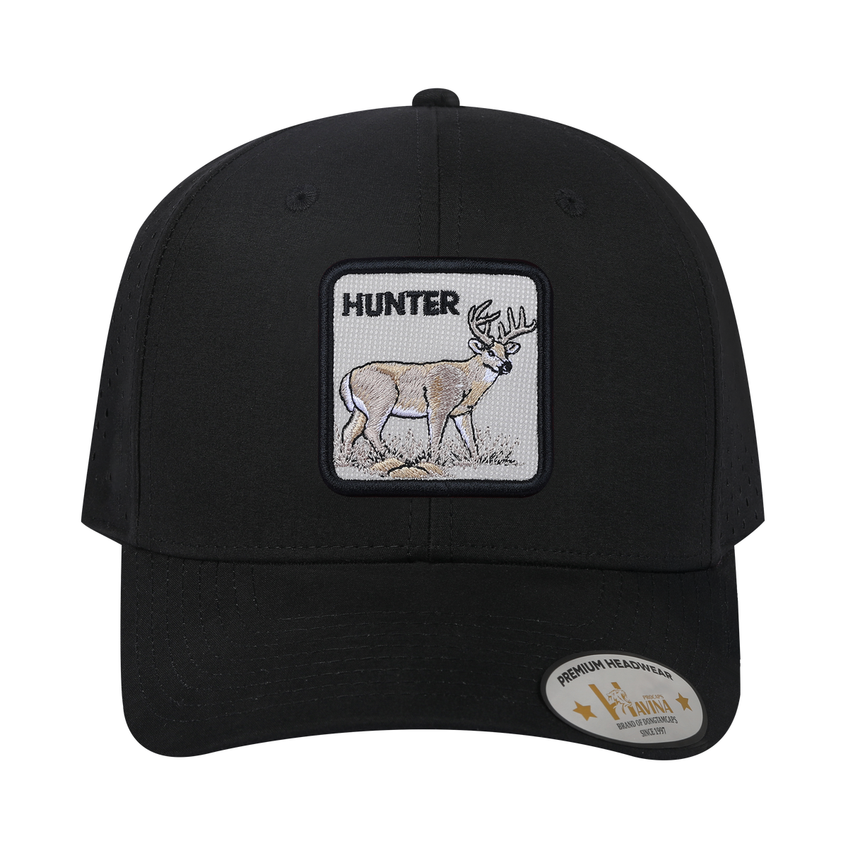 Unisex Embroidered The Hunter, 6-Panel Microfiber Laser hole Trucker Hat, Black/Black, Adjustable Fit
