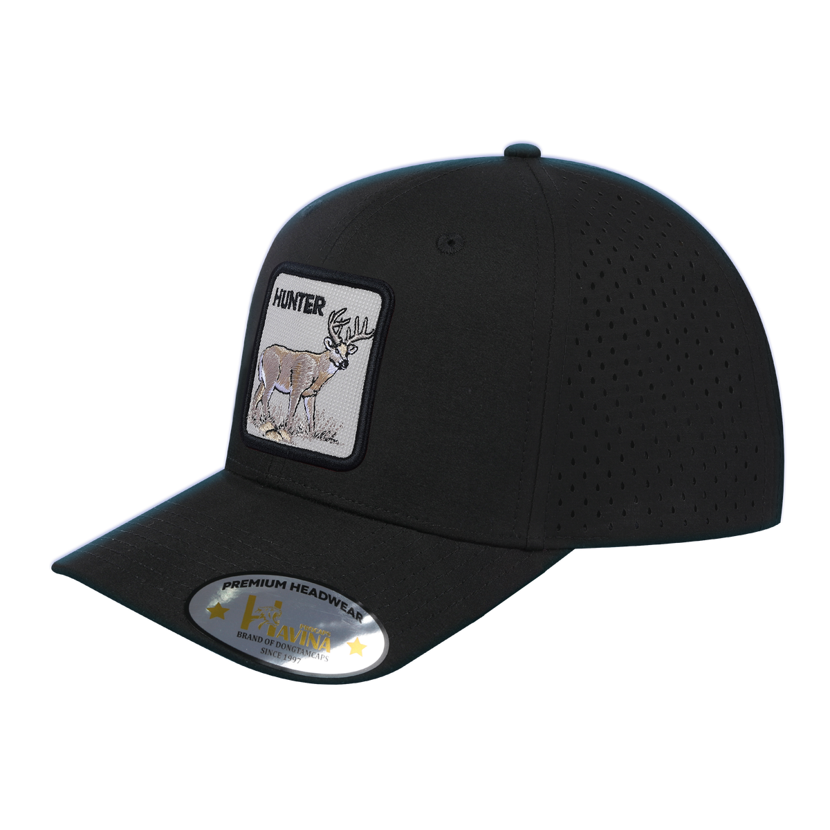 Unisex Embroidered The Hunter, 6-Panel Microfiber Laser hole Trucker Hat, Black/Black, Adjustable Fit