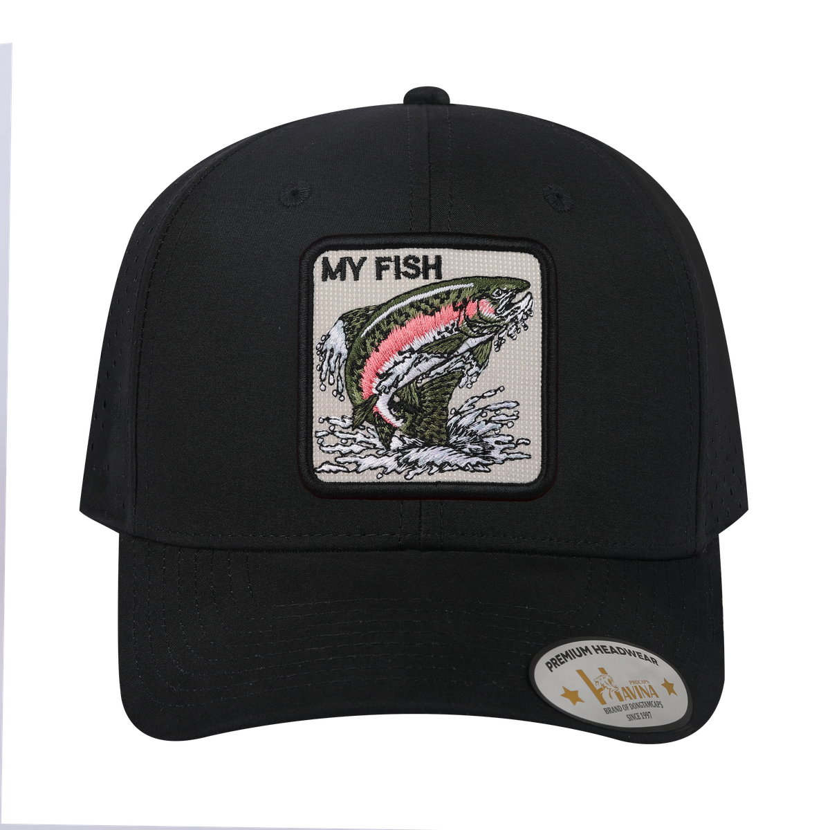 Unisex Embroidered The My Fish, 6-Panel Microfiber Laser hole Trucker Hat, Black/Black, Adjustable Fit