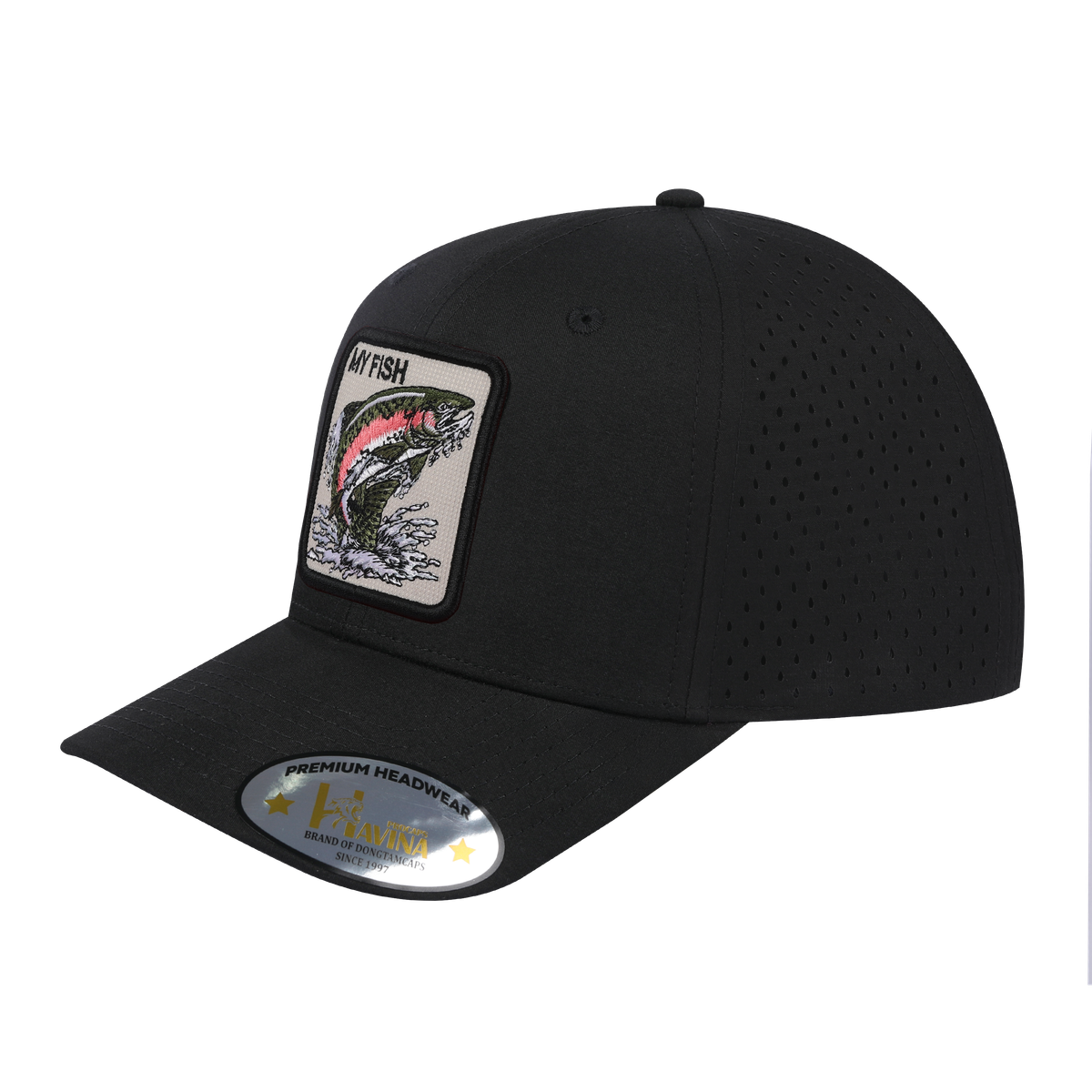 Unisex Embroidered The My Fish, 6-Panel Microfiber Laser hole Trucker Hat, Black/Black, Adjustable Fit