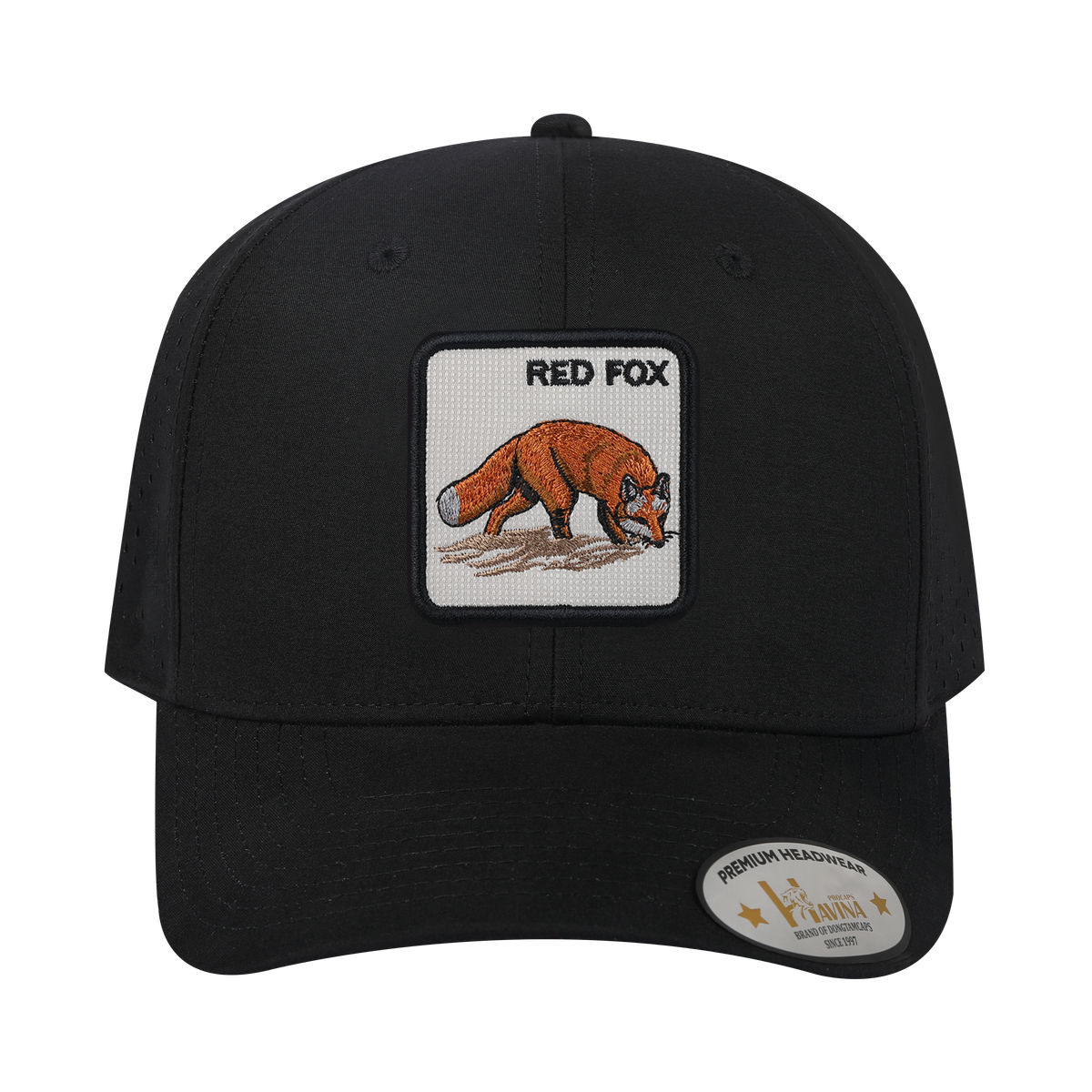 Unisex Embroidered The Red Fox, 6-Panel Microfiber Laser hole Trucker Hat, Black/Black, Adjustable Fit