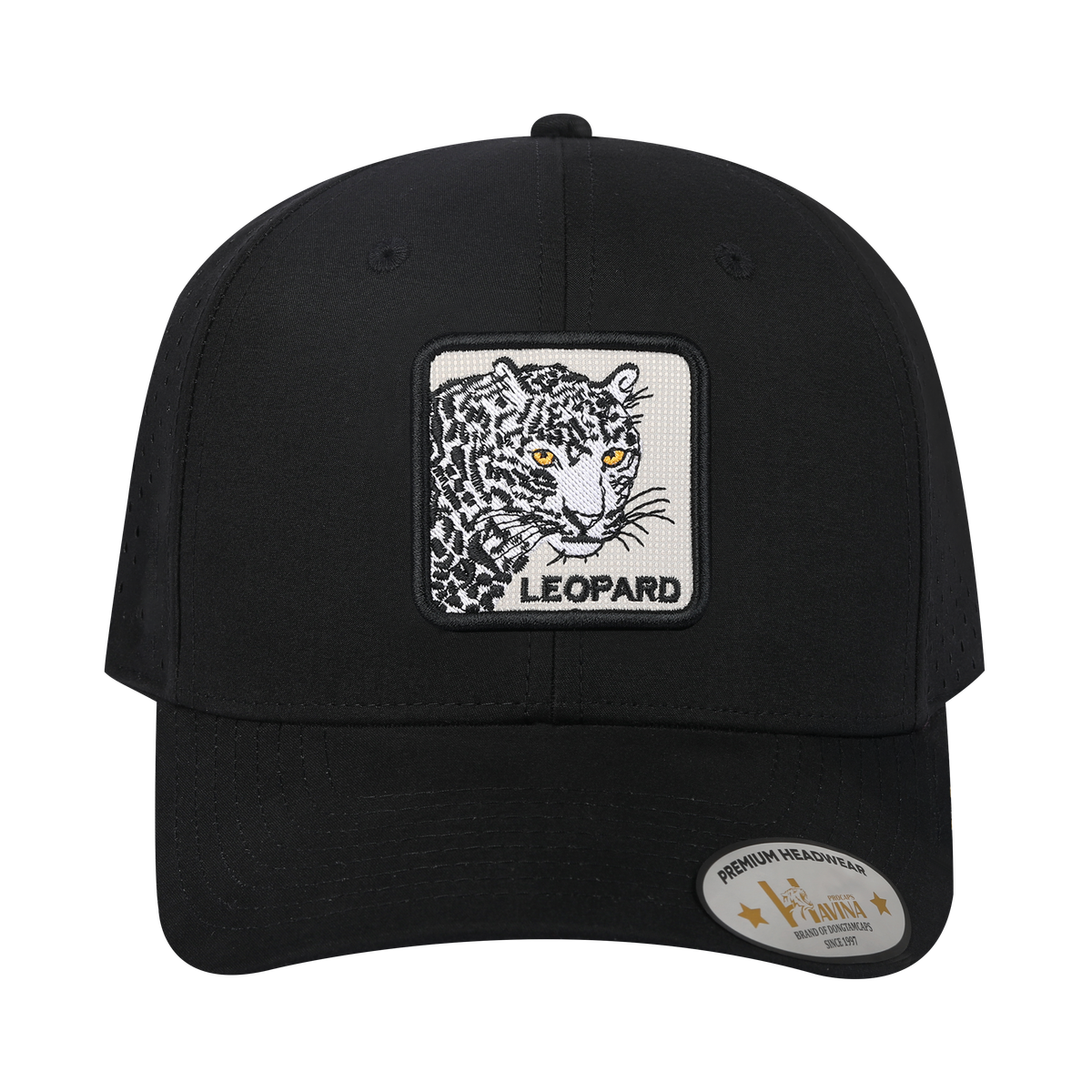 Unisex Embroidered The Leopard, 6-Panel Microfiber Laser hole Trucker Hat, Black/Black, Adjustable Fit