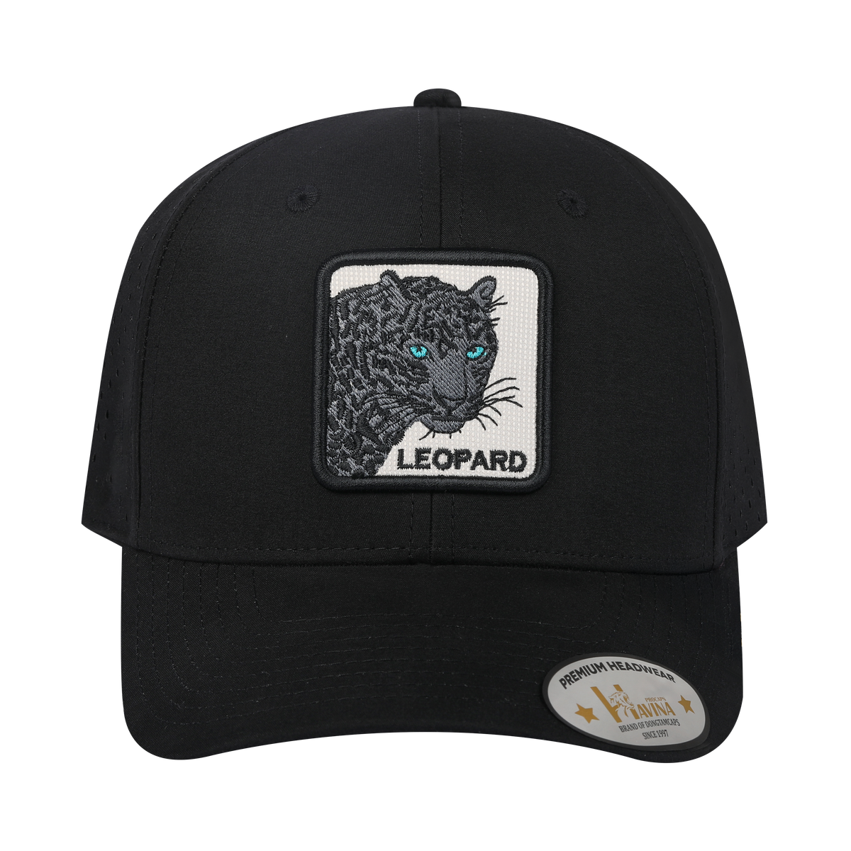 Unisex Embroidered The Leopard V2, 6-Panel Microfiber Laser hole Trucker Hat, Black/Black, Adjustable Fit