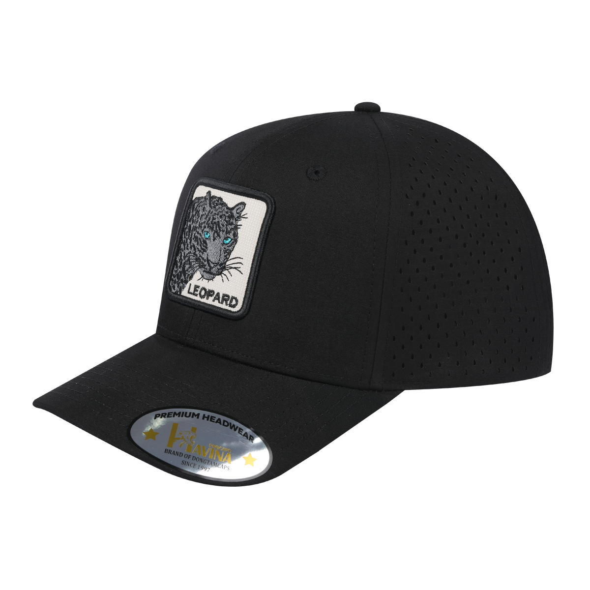 Unisex Embroidered The Leopard V2, 6-Panel Microfiber Laser hole Trucker Hat, Black/Black, Adjustable Fit