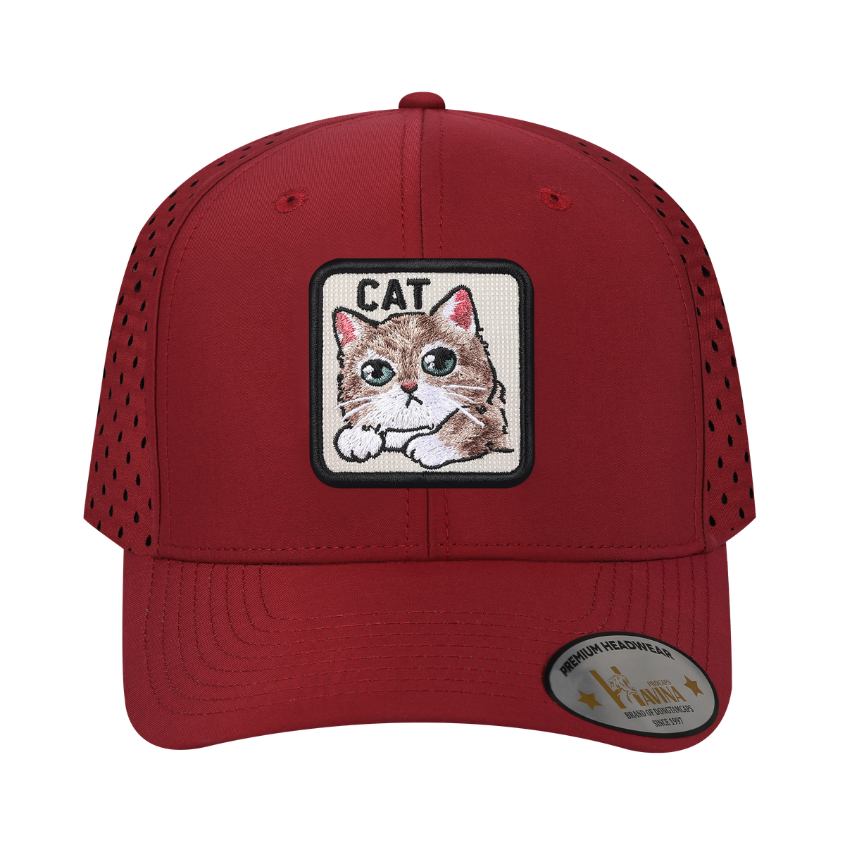 Unisex Embroidered The Cat, 6-Panel Microfiber Laser hole Trucker Hat, Dark Red/Dark Red, Adjustable Fit