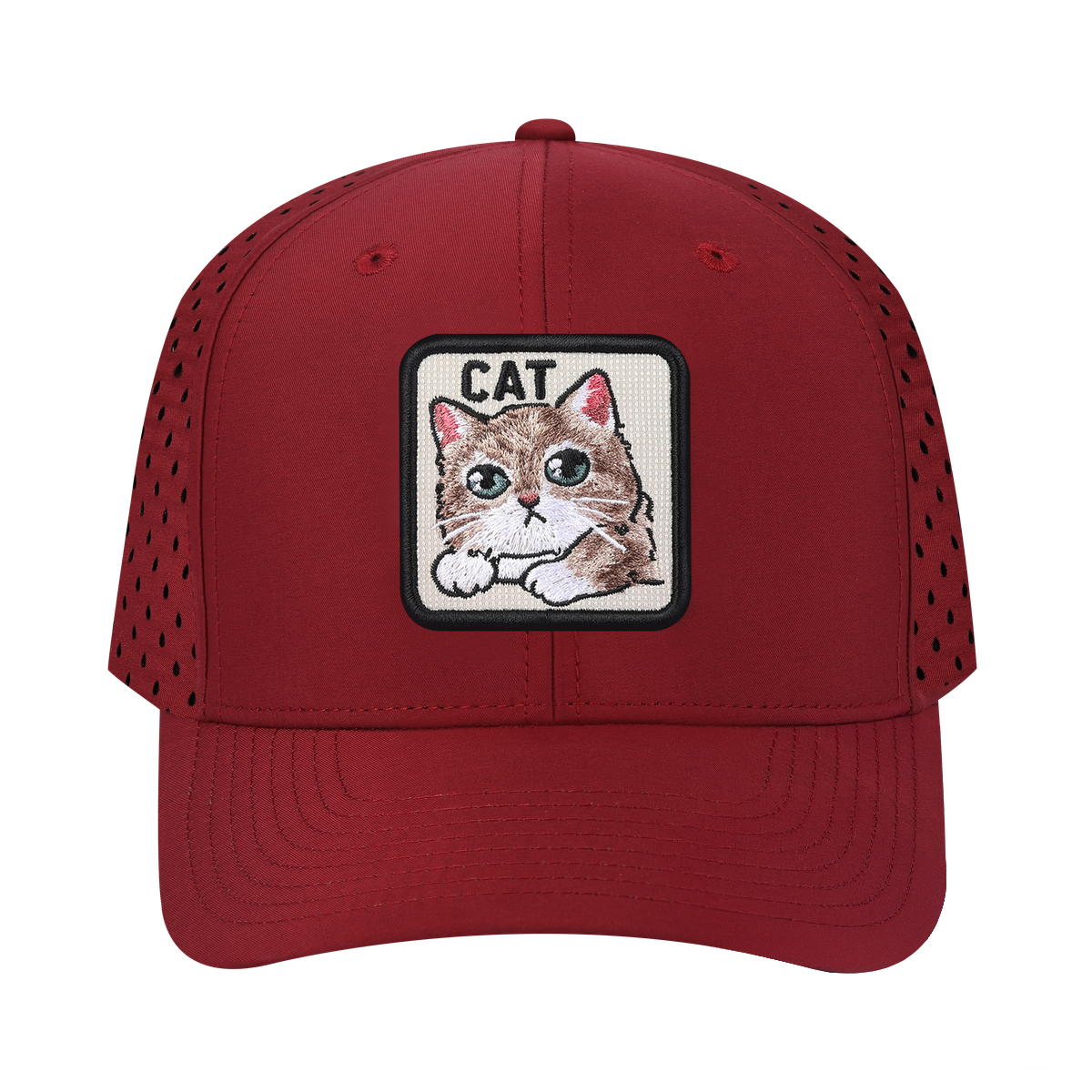 Unisex Embroidered The Cat, 6-Panel Microfiber Laser hole Trucker Hat, Dark Red/Dark Red, Adjustable Fit