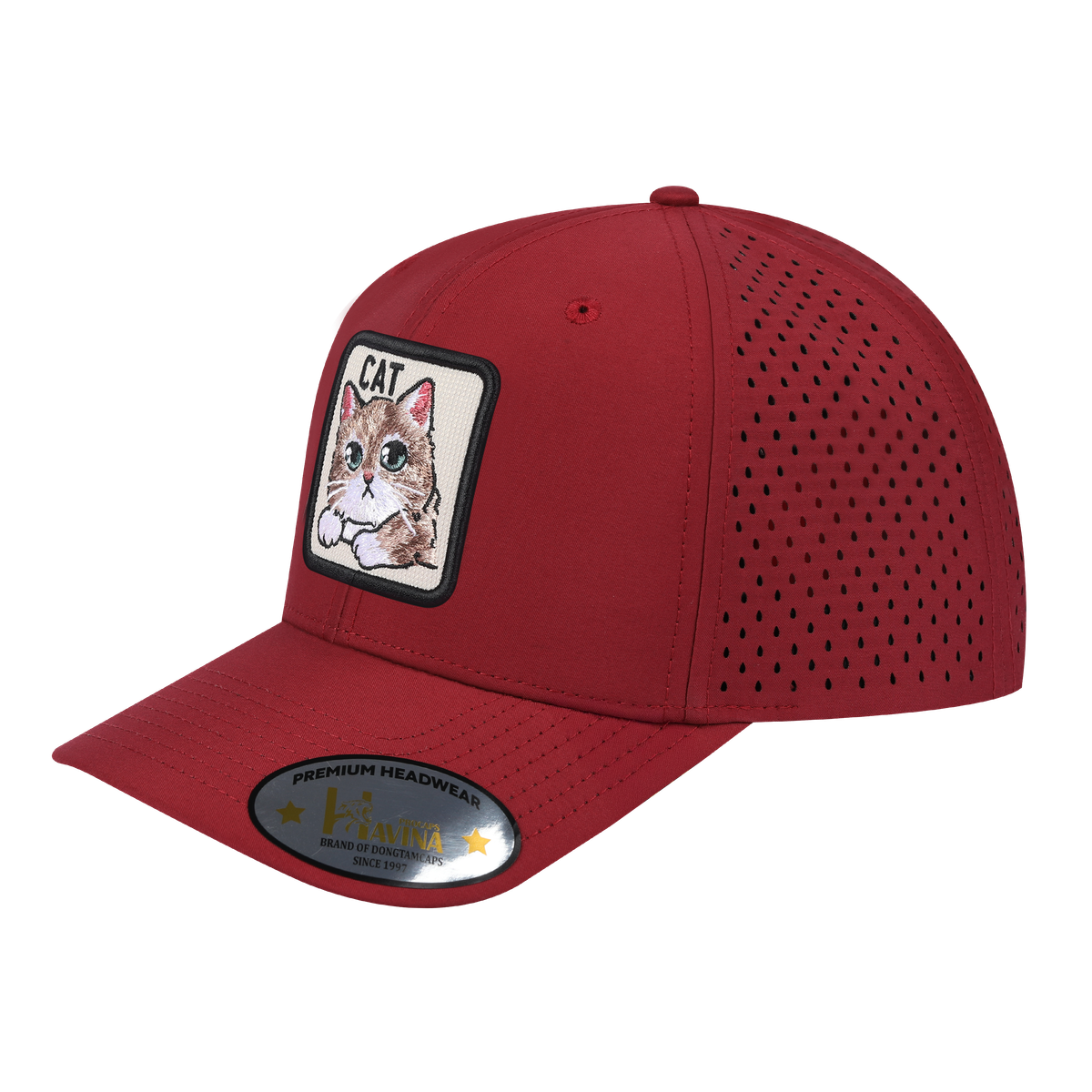 Unisex Embroidered The Cat, 6-Panel Microfiber Laser hole Trucker Hat, Dark Red/Dark Red, Adjustable Fit