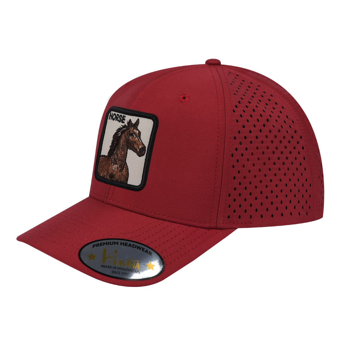 Unisex Embroidered The Horse, 6-Panel Microfiber Laser hole Trucker Hat, Dark Red/Dark Red, Adjustable Fit