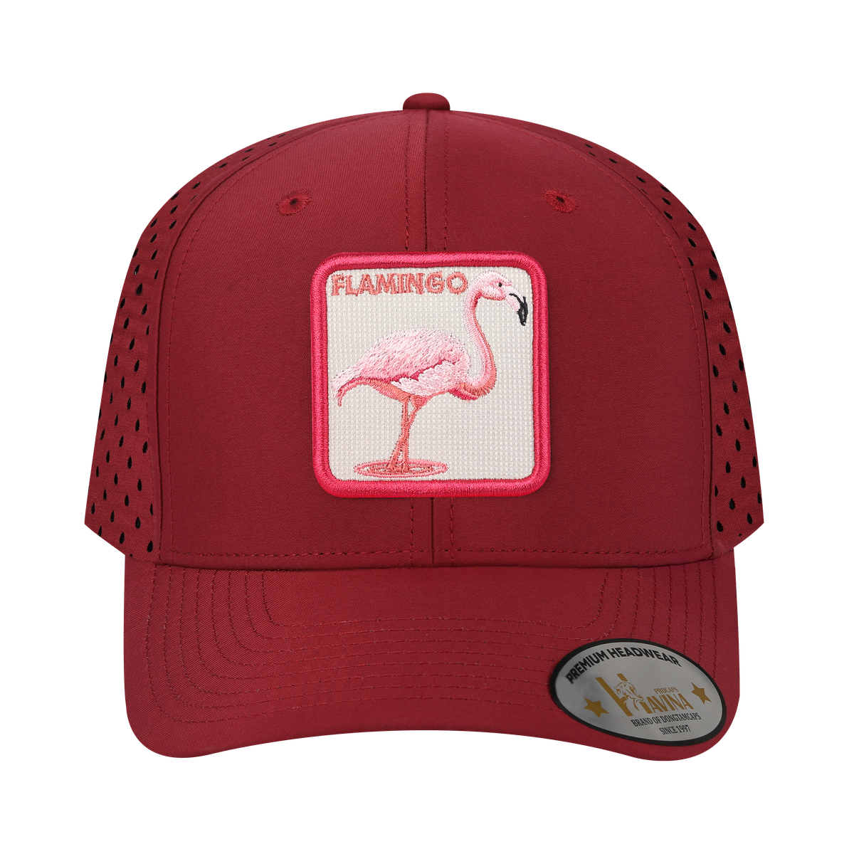 Unisex Embroidered The Flamingo, 6-Panel Microfiber Laser hole Trucker Hat, Dark Red/Dark Red, Adjustable Fit