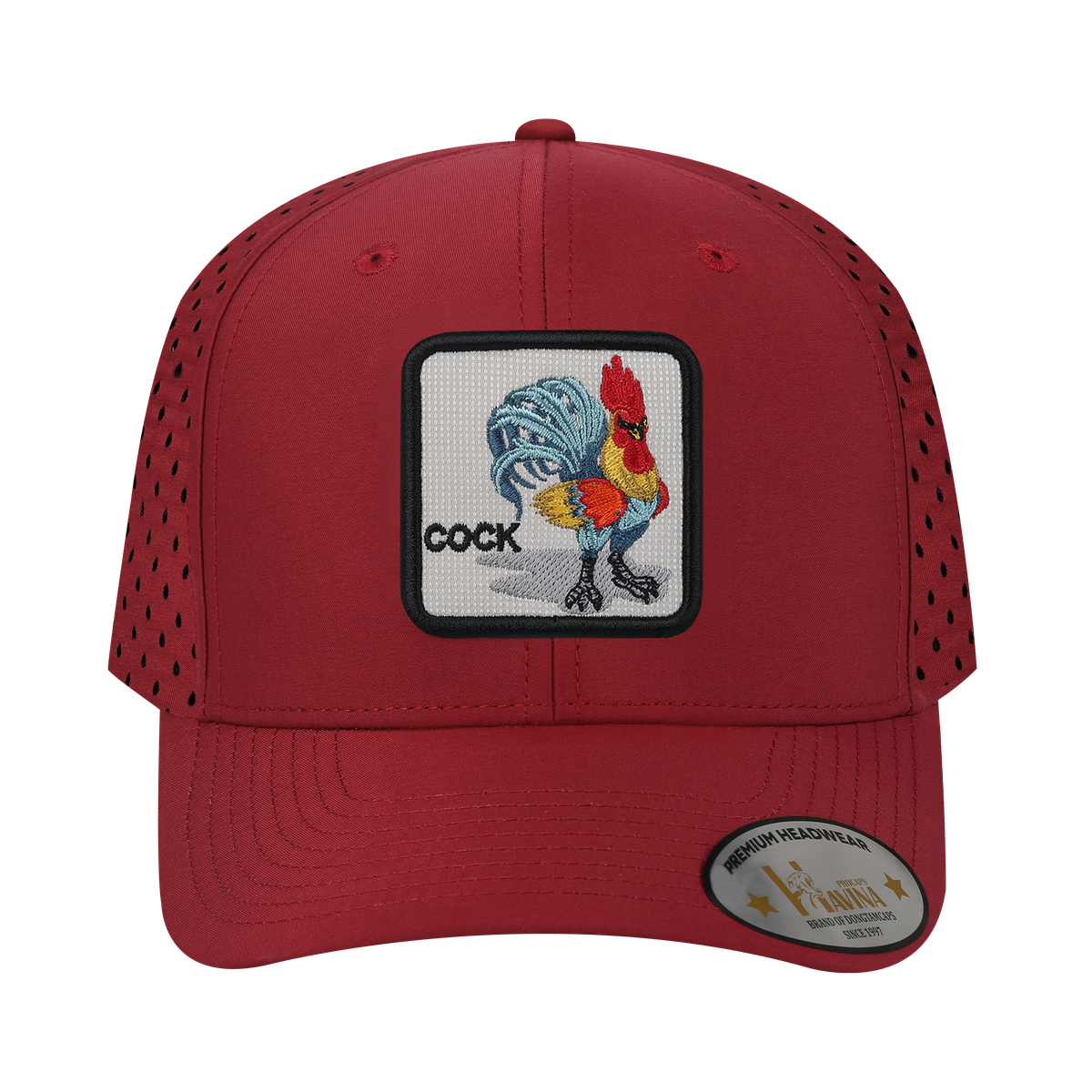 Unisex Embroidered Logo Cock, 6-Panel Microfiber Laser hole Trucker Hat, Dark Red/Dark Red, Adjustable Fit