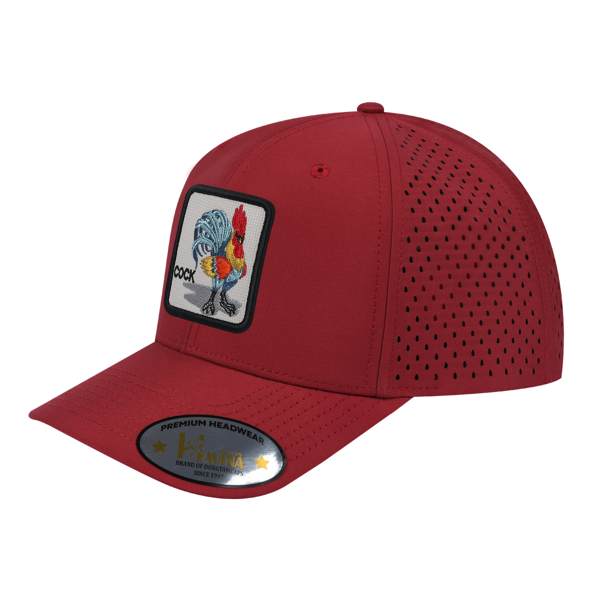 Unisex Embroidered Logo Cock, 6-Panel Microfiber Laser hole Trucker Hat, Dark Red/Dark Red, Adjustable Fit