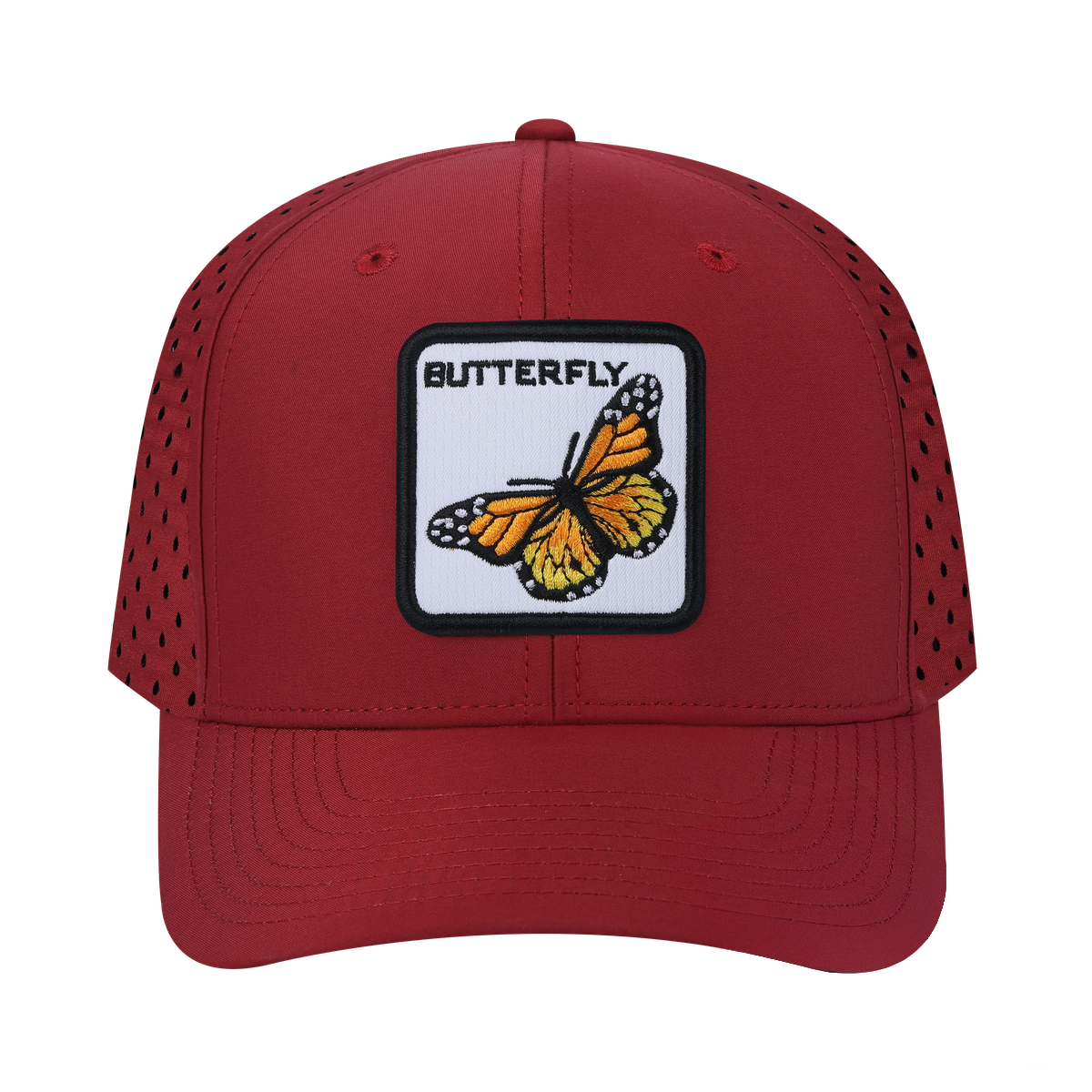 Unisex Embroidered The Butterfly, 6-Panel Microfiber Laser hole Trucker Hat, Dark Red/Dark Red, Adjustable Fit