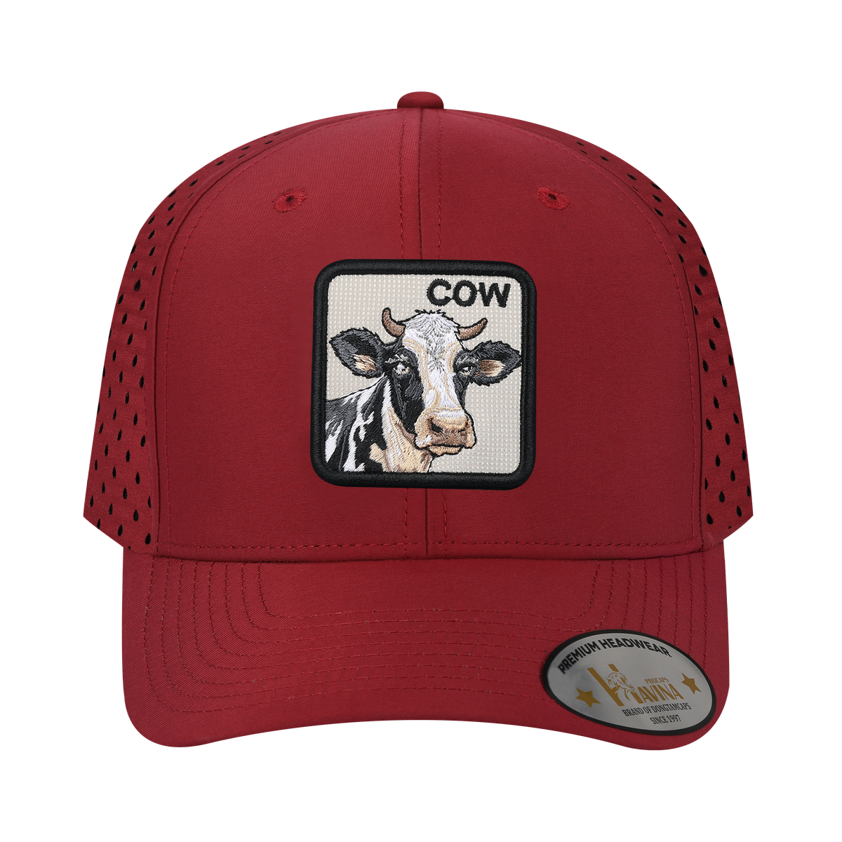 Unisex Embroidered The Cow, 6-Panel Microfiber Laser hole Trucker Hat, Dark Red/Dark Red, Adjustable Fit